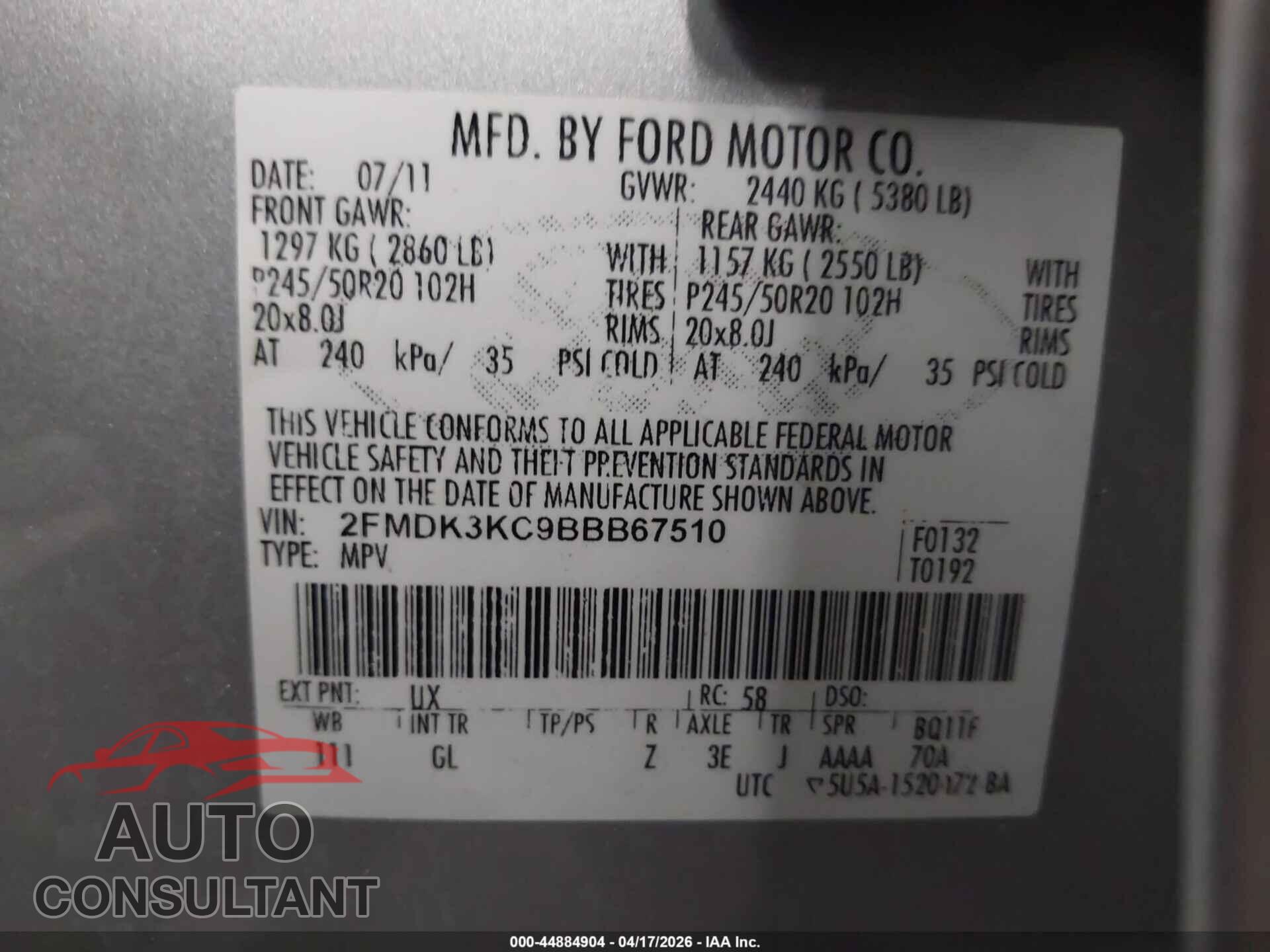 FORD EDGE 2011 - 2FMDK3KC9BBB67510