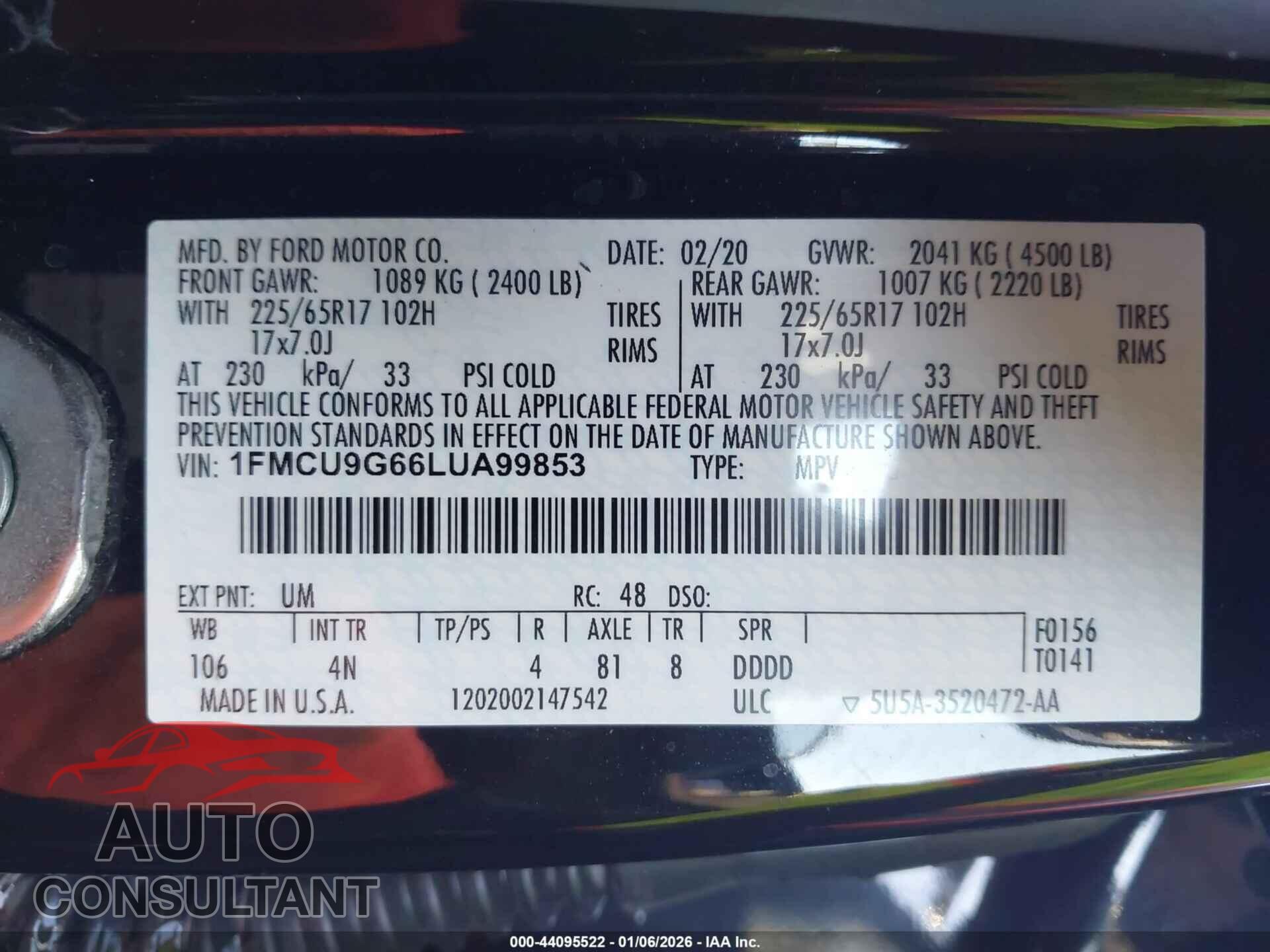 FORD ESCAPE 2020 - 1FMCU9G66LUA99853