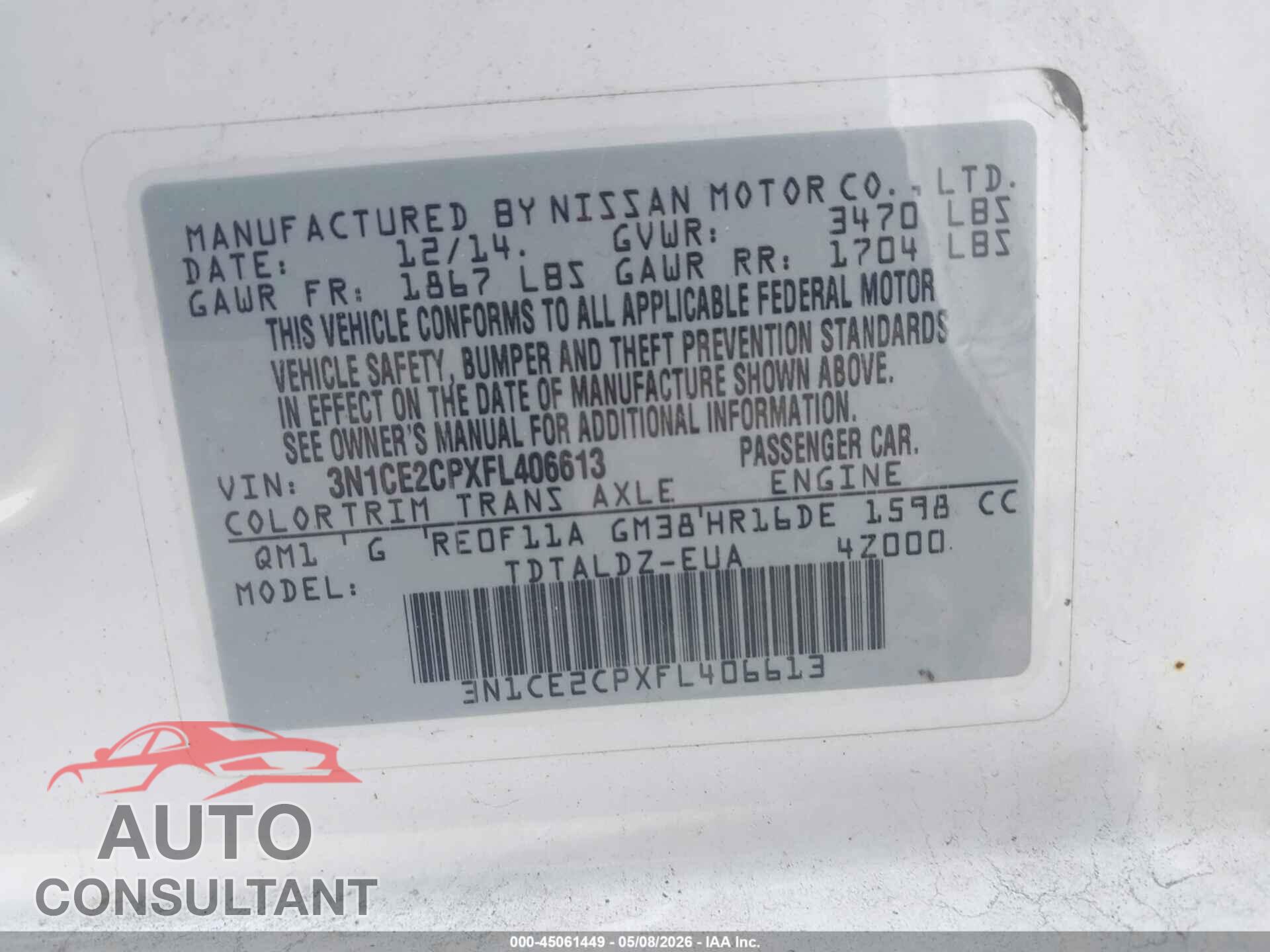 NISSAN VERSA NOTE 2015 - 3N1CE2CPXFL406613