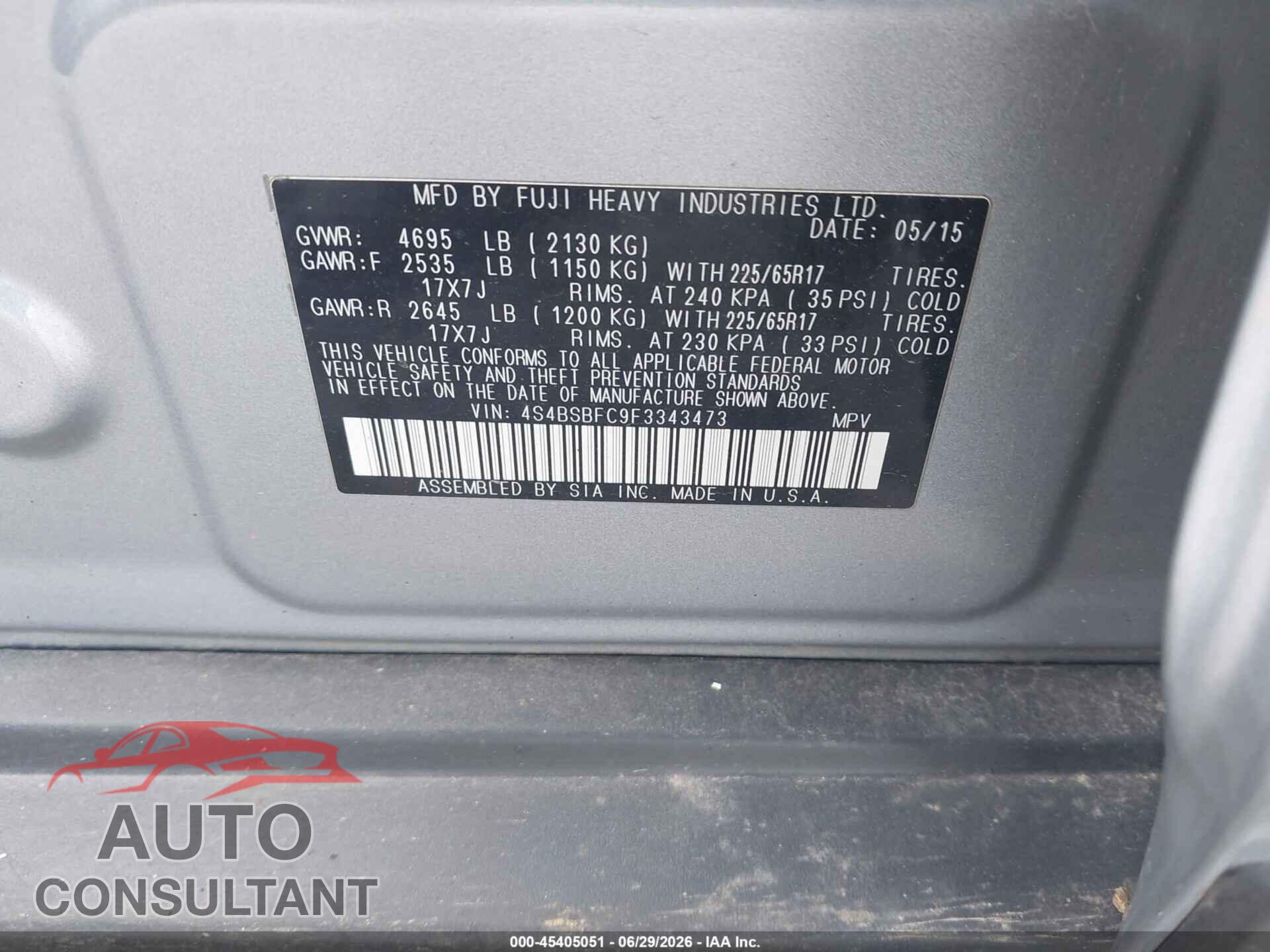 SUBARU OUTBACK 2015 - 4S4BSBFC9F3343473