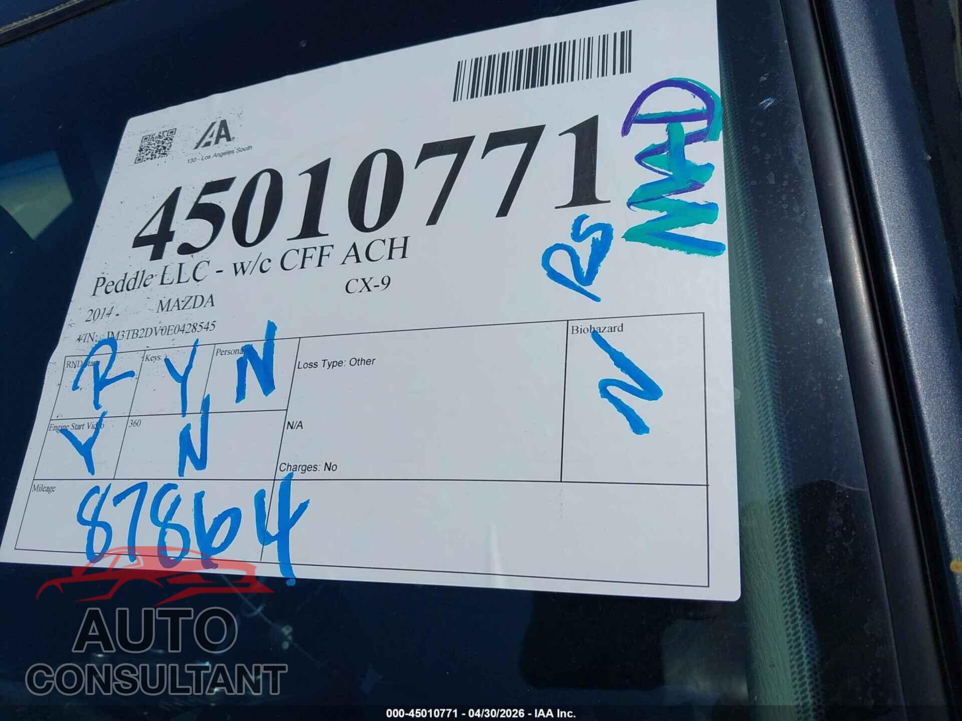 MAZDA CX-9 2014 - JM3TB2DV0E0428545