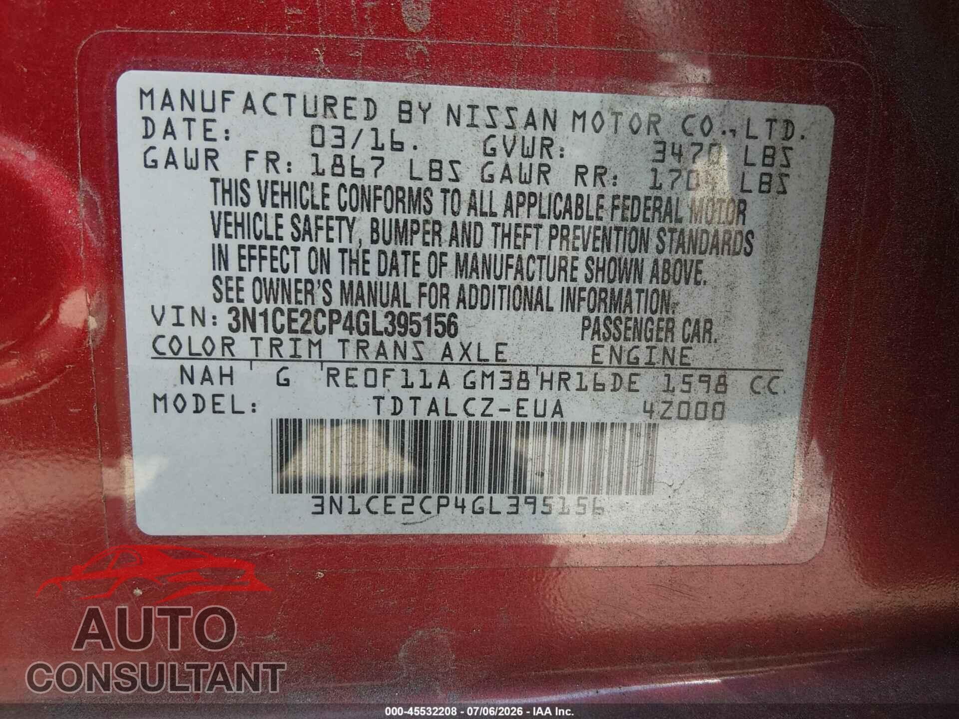 NISSAN VERSA NOTE 2016 - 3N1CE2CP4GL395156