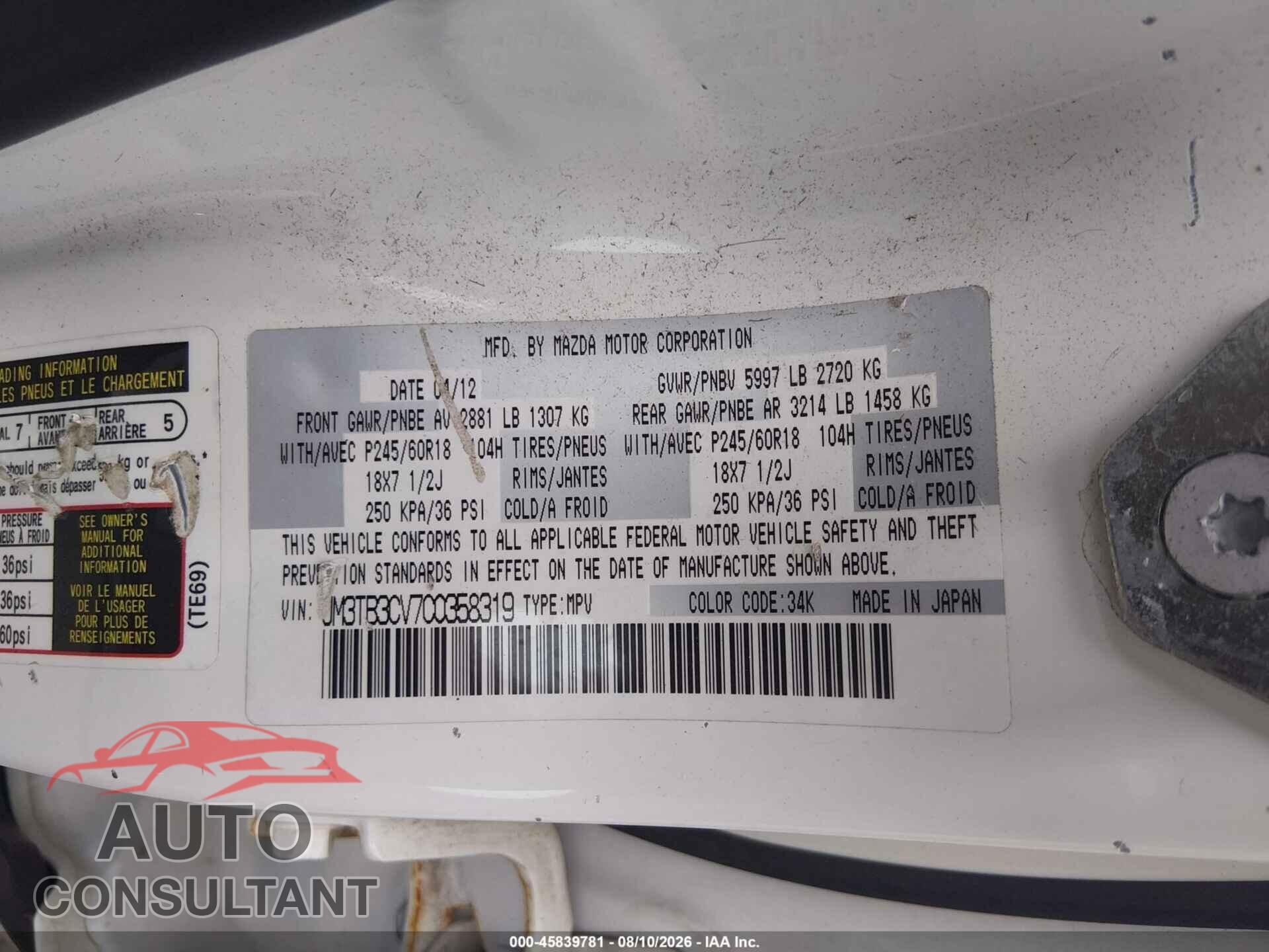 MAZDA CX-9 2012 - JM3TB3CV7C0358319
