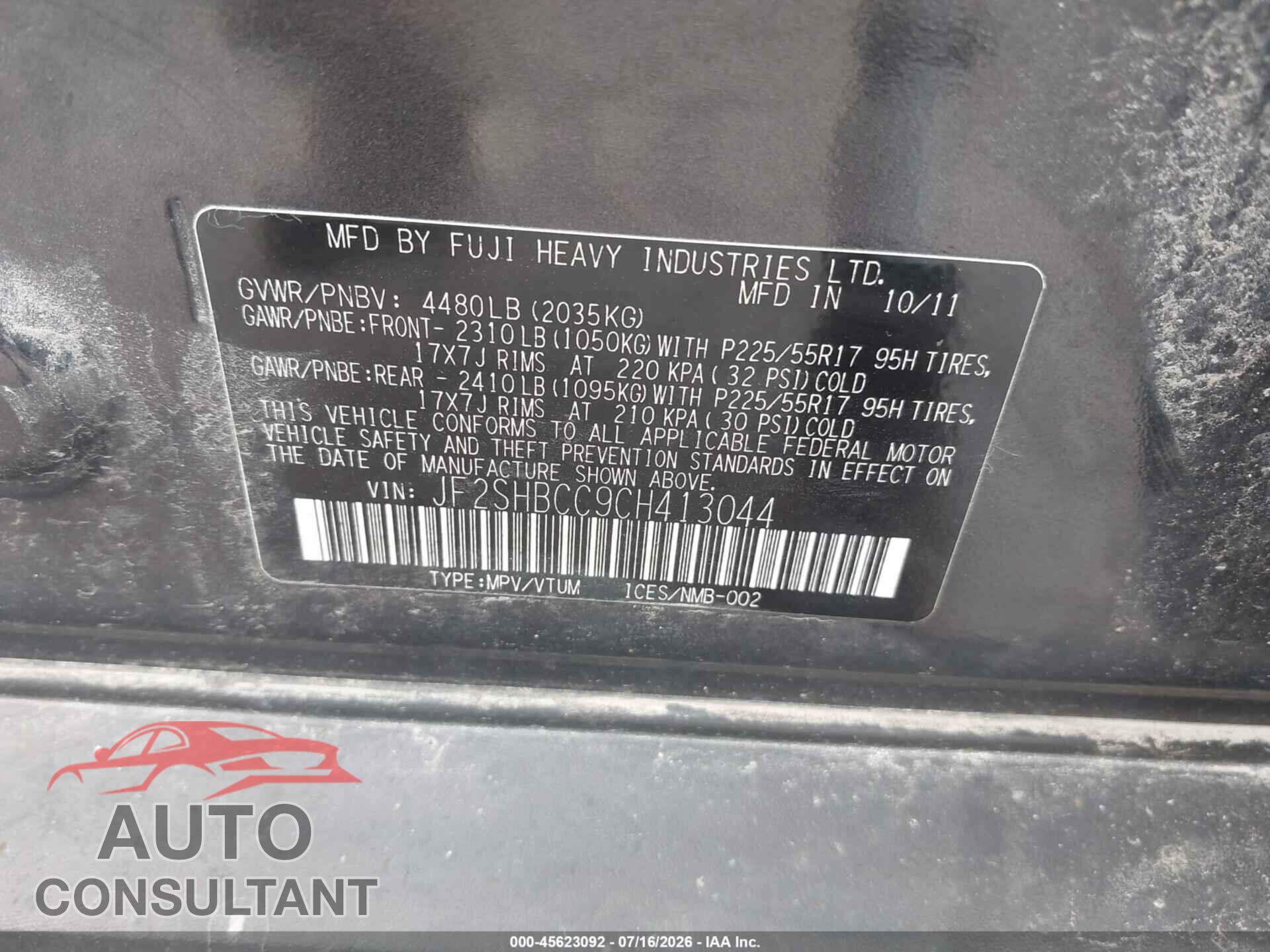 SUBARU FORESTER 2012 - JF2SHBCC9CH413044
