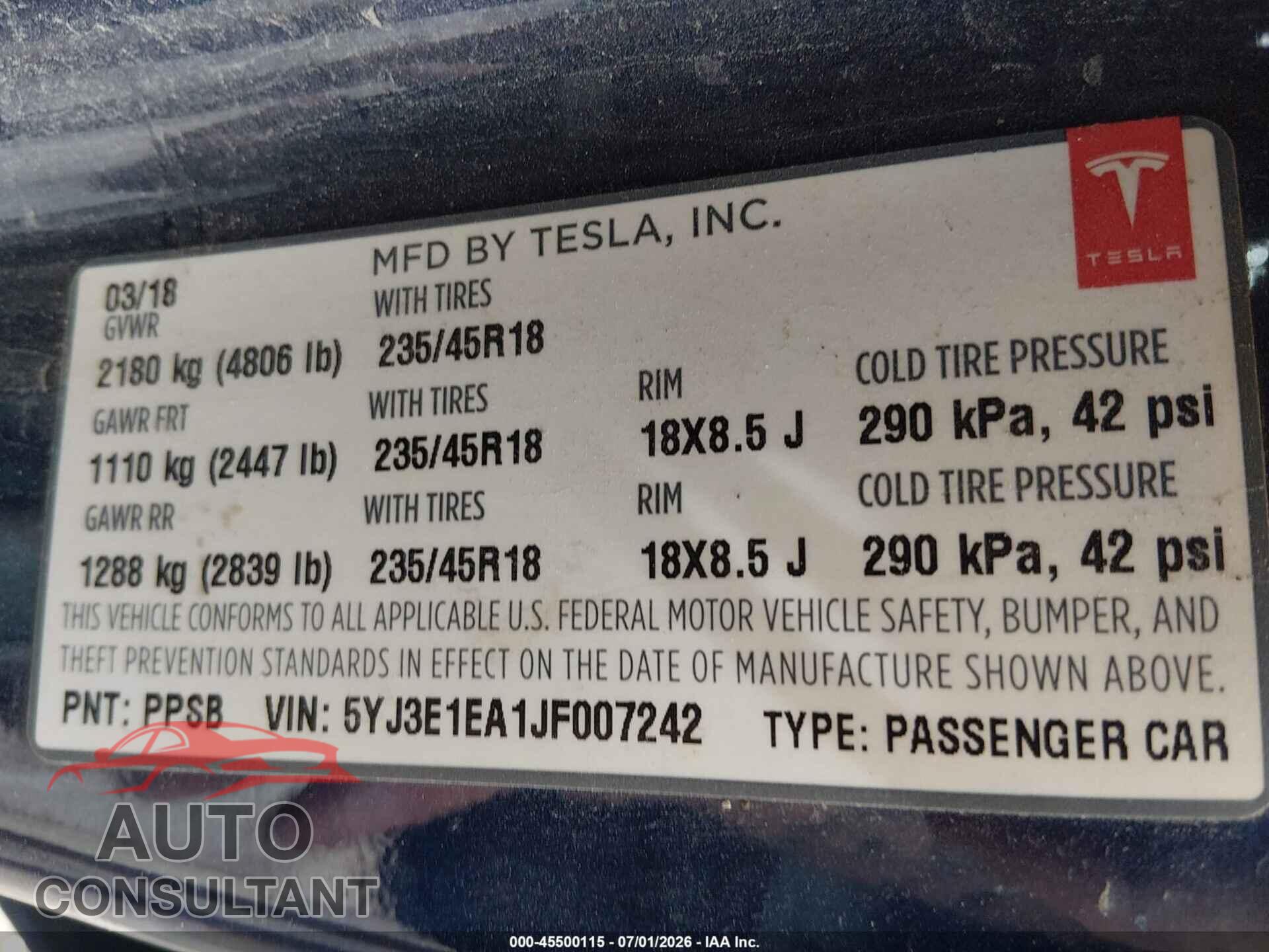 TESLA MODEL 3 2018 - 5YJ3E1EA1JF007242