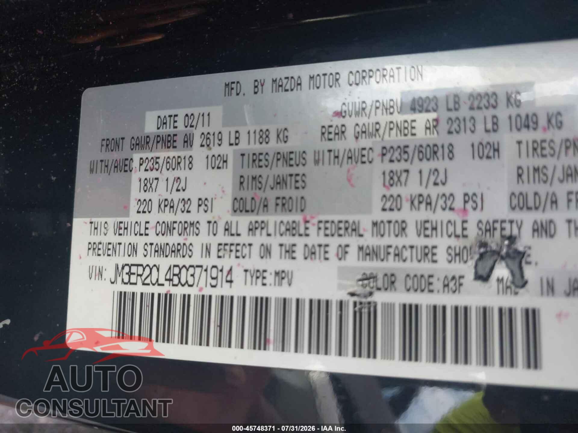 MAZDA CX-7 2011 - JM3ER2CL4B0371914