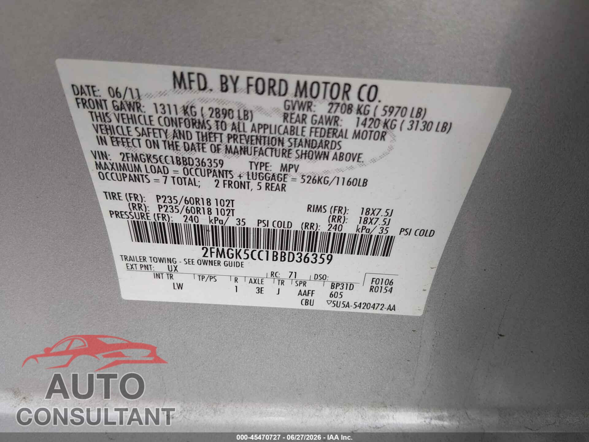 FORD FLEX 2011 - 2FMGK5CC1BBD36359