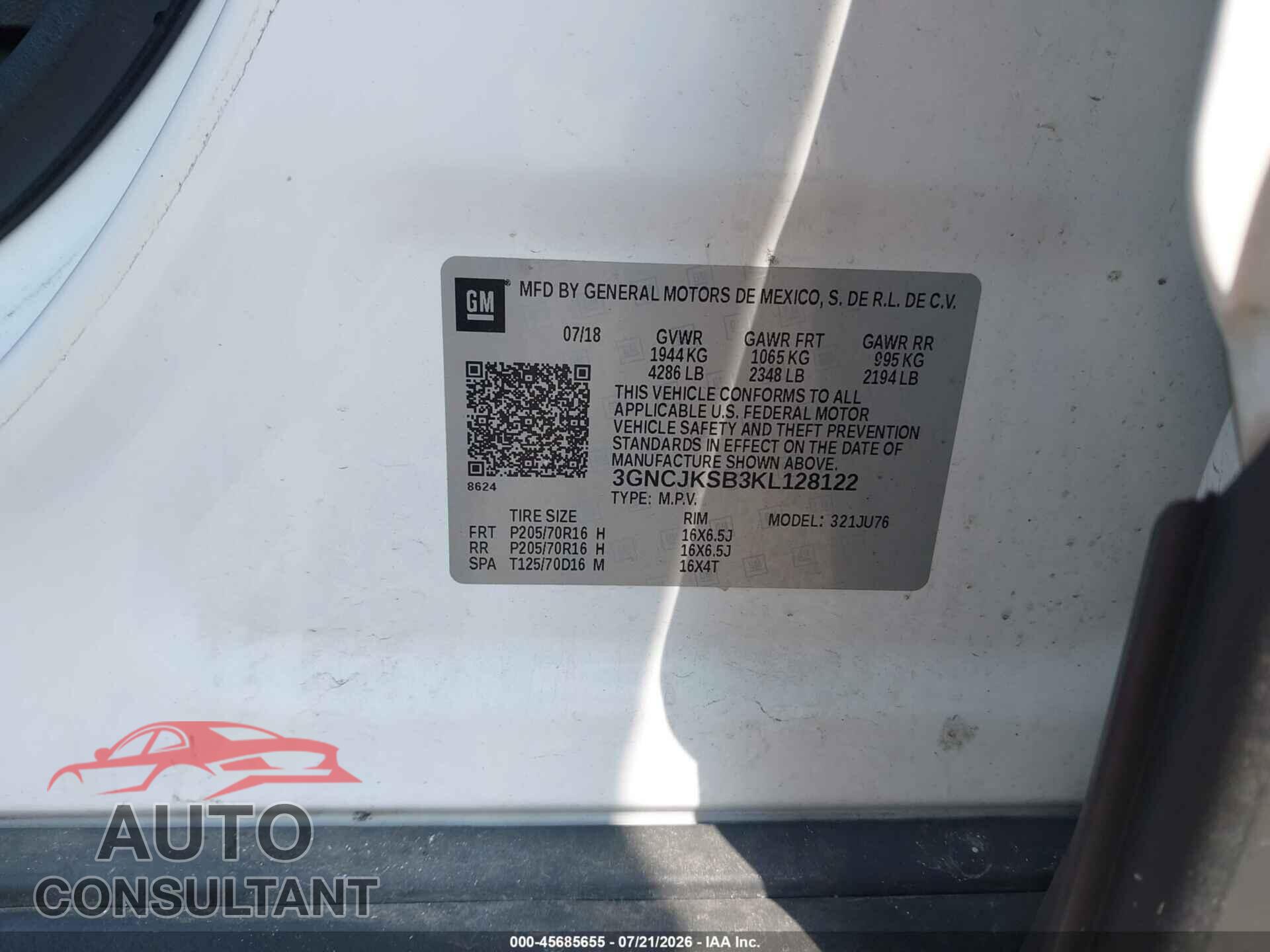 CHEVROLET TRAX 2019 - 3GNCJKSB3KL128122