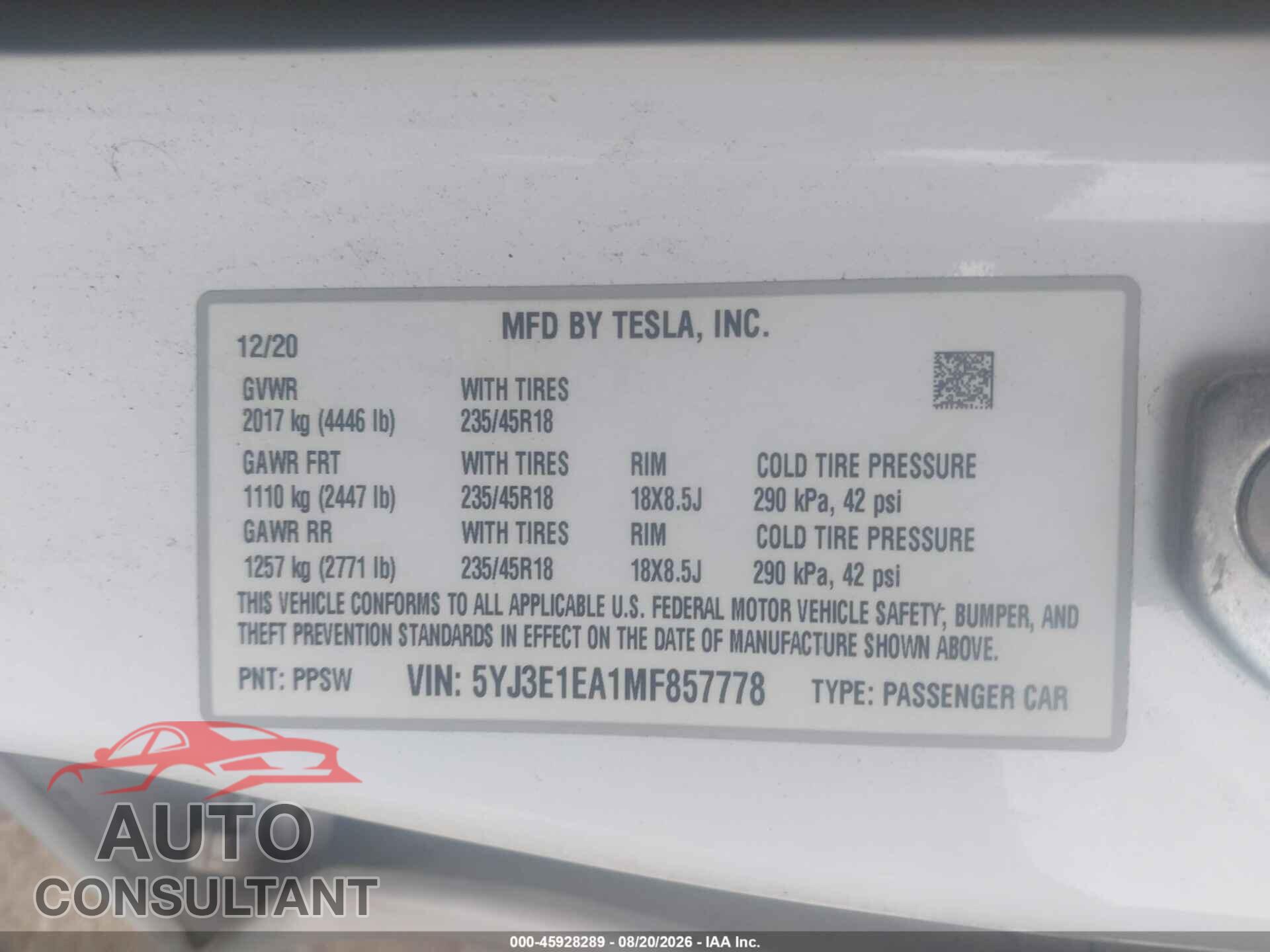 TESLA MODEL 3 2021 - 5YJ3E1EA1MF857778
