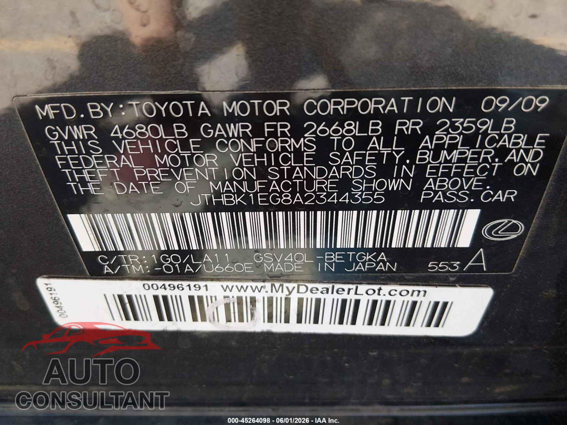 LEXUS ES 350 2010 - JTHBK1EG8A2344355