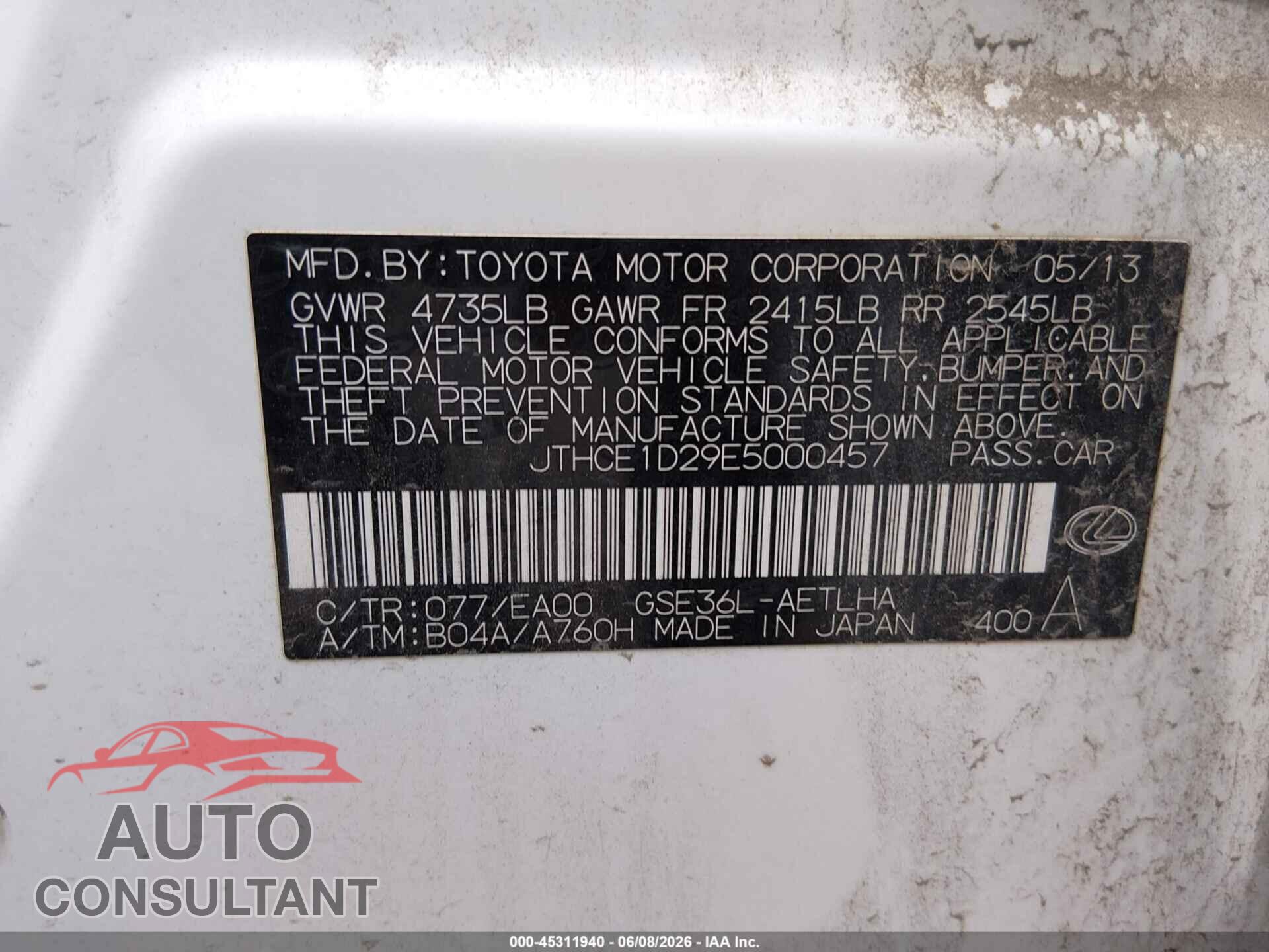 LEXUS IS 350 2014 - JTHCE1D29E5000457