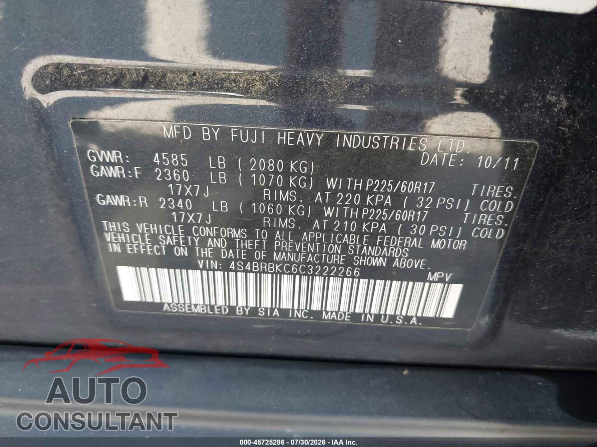 SUBARU OUTBACK 2012 - 4S4BRBKC6C3222266