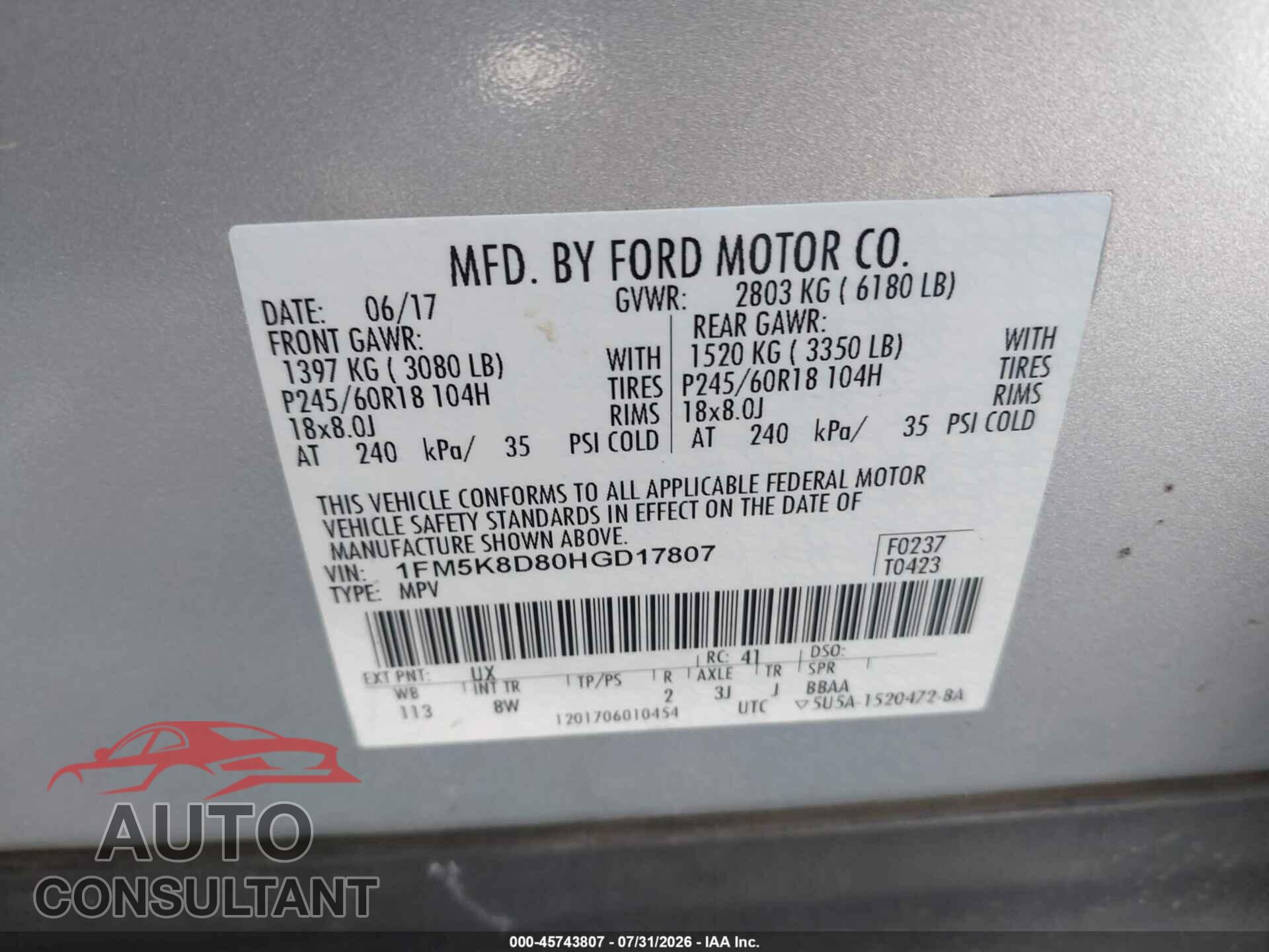 FORD EXPLORER 2017 - 1FM5K8D80HGD17807