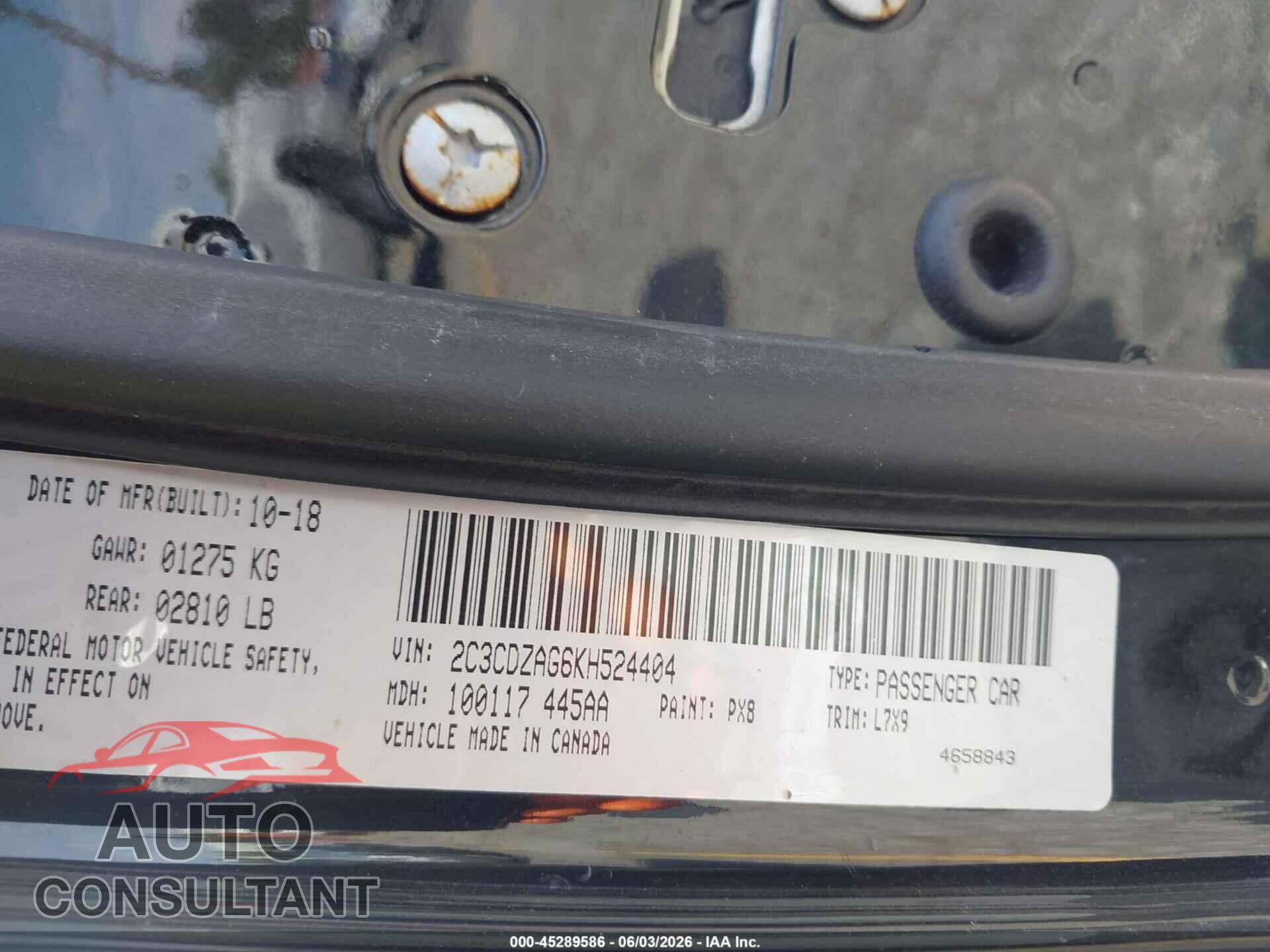 DODGE CHALLENGER 2019 - 2C3CDZAG6KH524404
