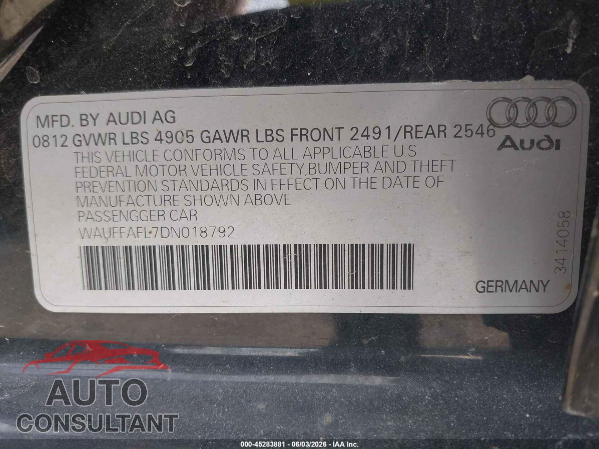 AUDI A4 2013 - WAUFFAFL7DN018792