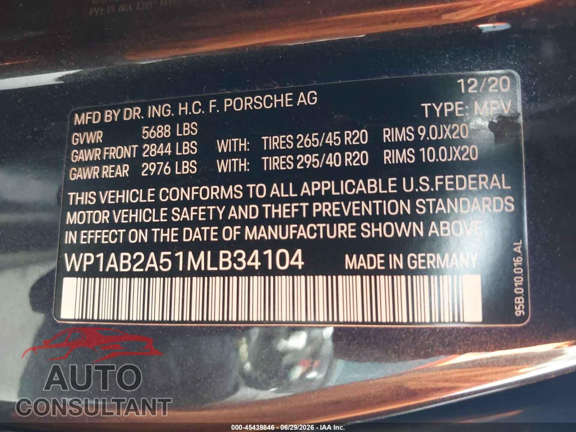PORSCHE MACAN 2021 - WP1AB2A51MLB34104