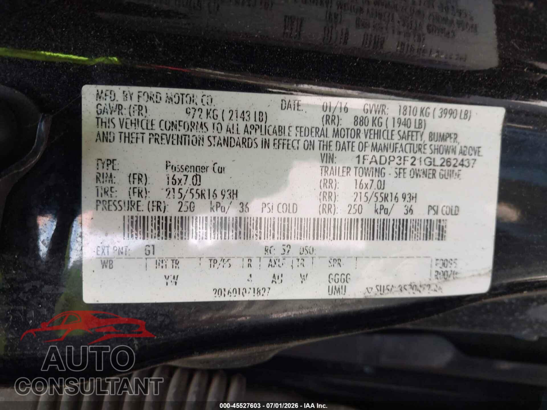 FORD FOCUS 2016 - 1FADP3F21GL262437