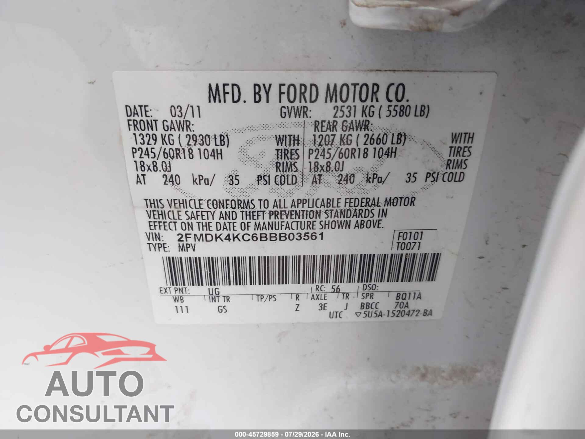 FORD EDGE 2011 - 2FMDK4KC6BBB03561