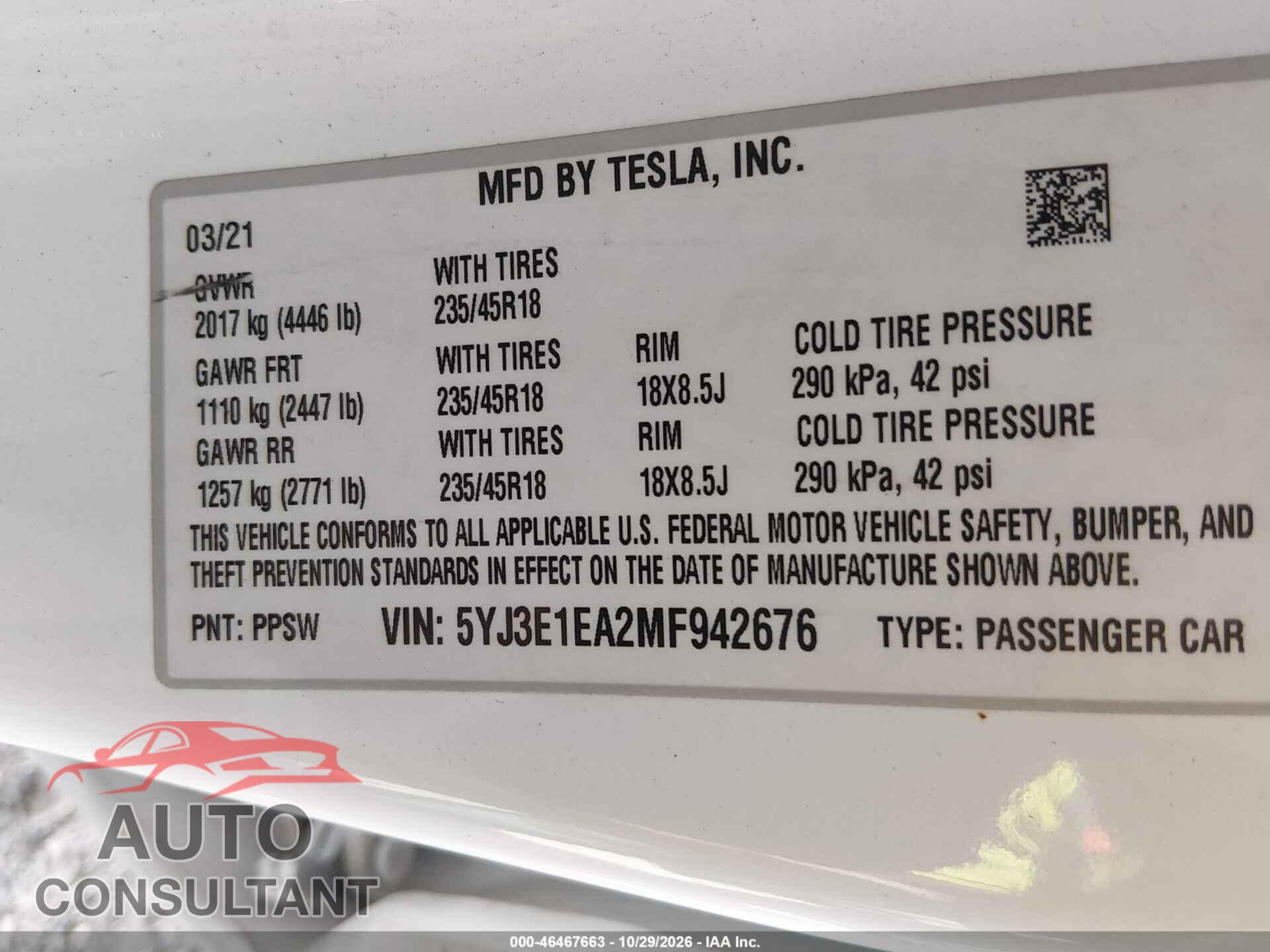 TESLA MODEL 3 2021 - 5YJ3E1EA2MF942676