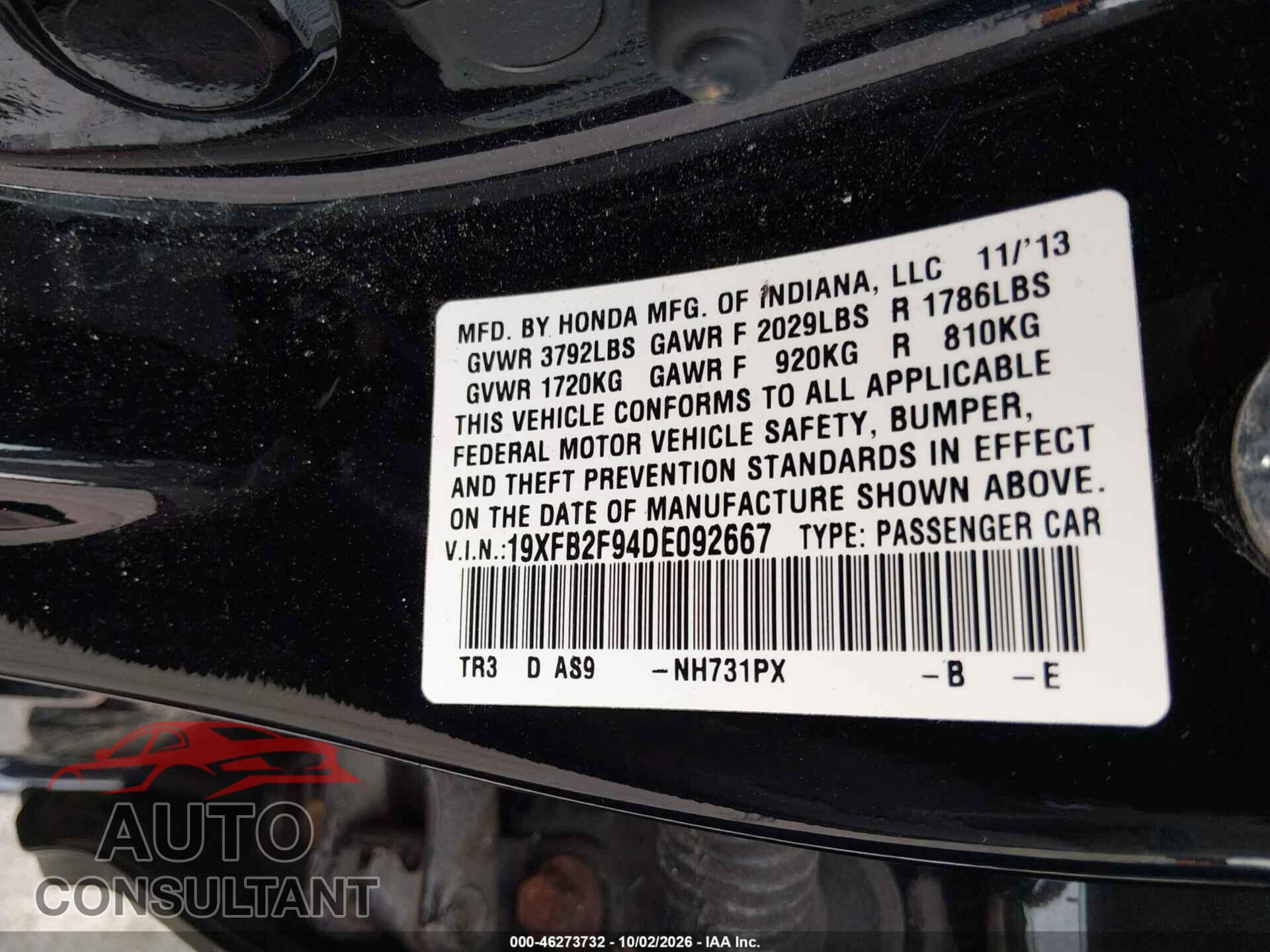 HONDA CIVIC 2013 - 19XFB2F94DE092667