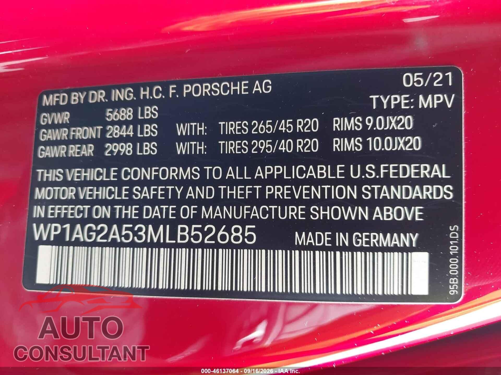 PORSCHE MACAN 2021 - WP1AG2A53MLB52685