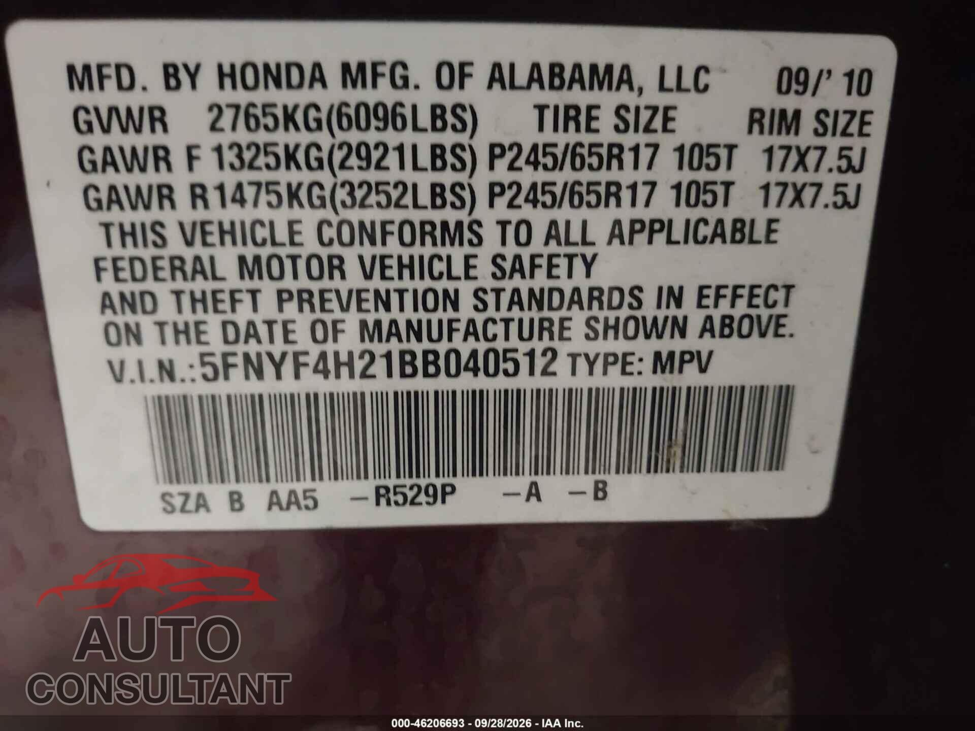 HONDA PILOT 2011 - 5FNYF4H21BB040512