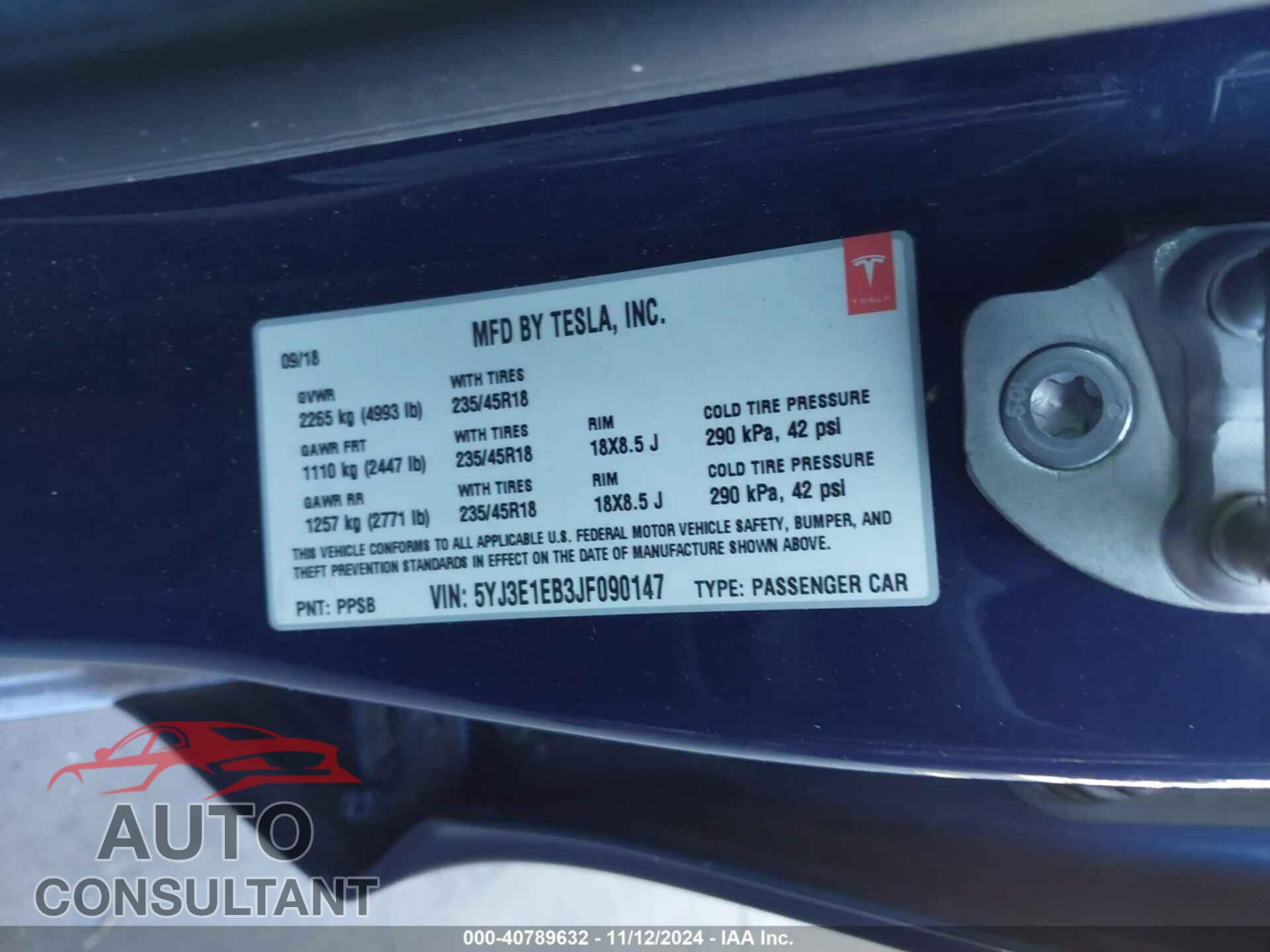 TESLA MODEL 3 2018 - 5YJ3E1EB3JF090147