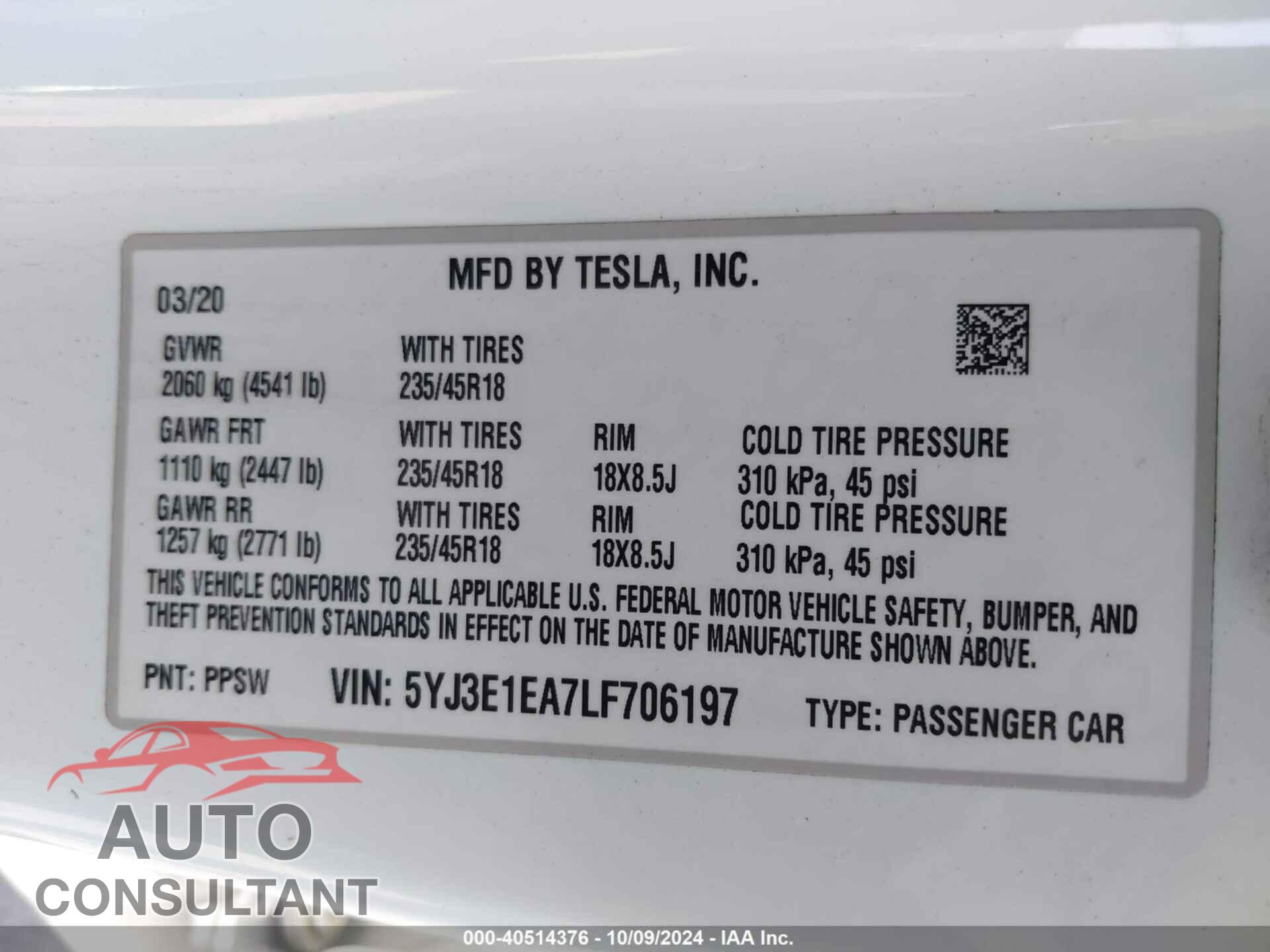 TESLA MODEL 3 2020 - 5YJ3E1EA7LF706197