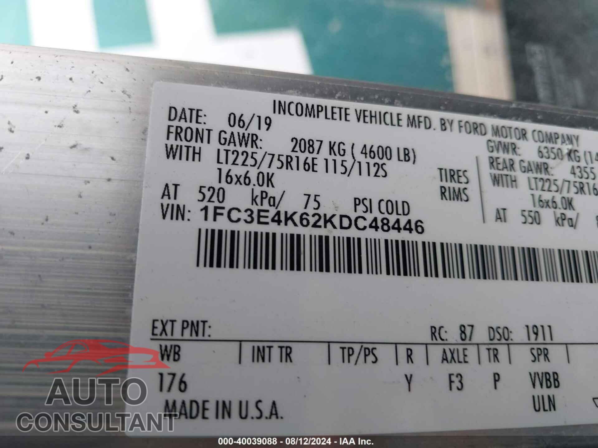 FORD E-450 STRIPPED 2019 - 1FC3E4K62KDC48446