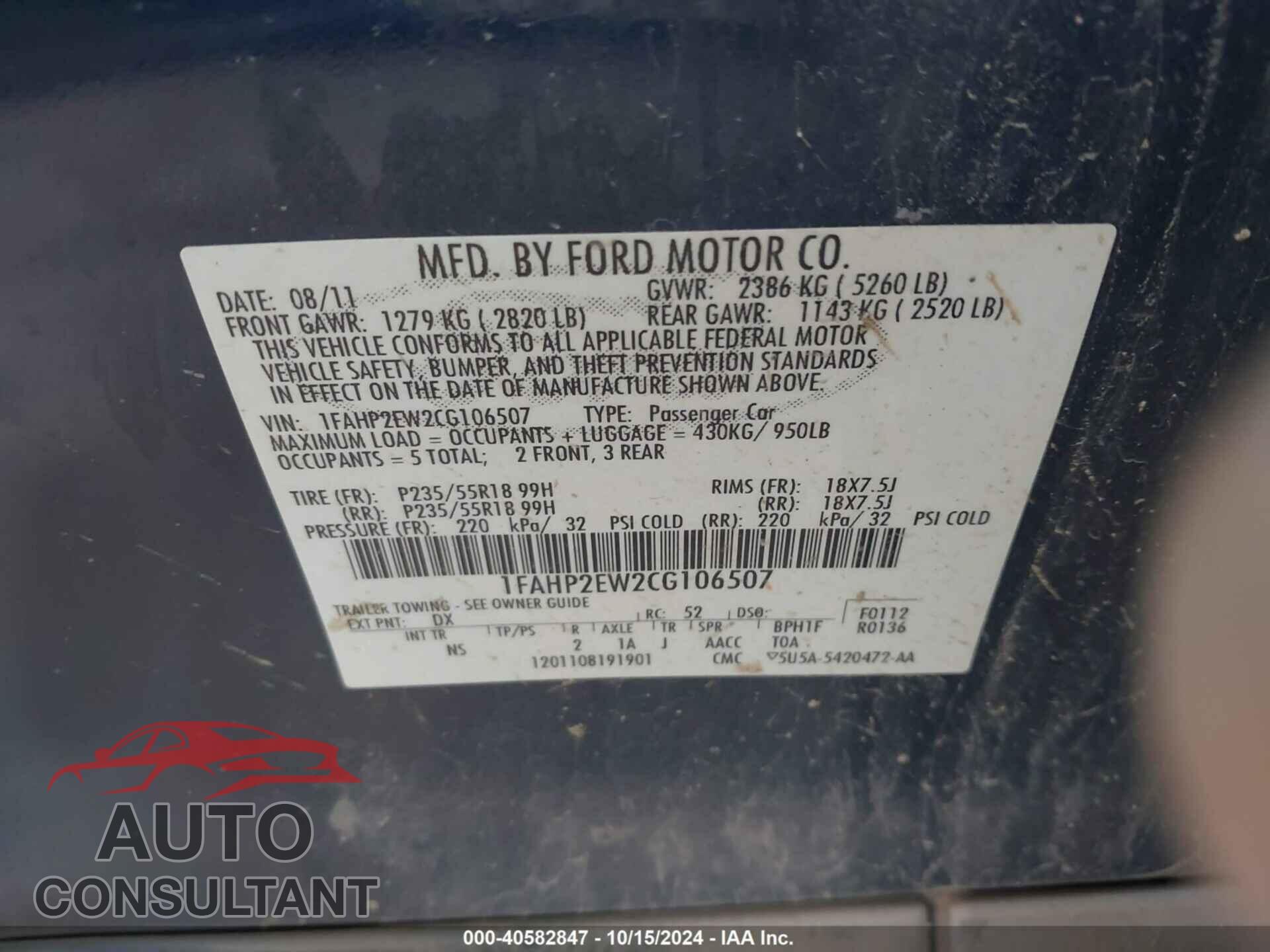 FORD TAURUS 2012 - 1FAHP2EW2CG106507