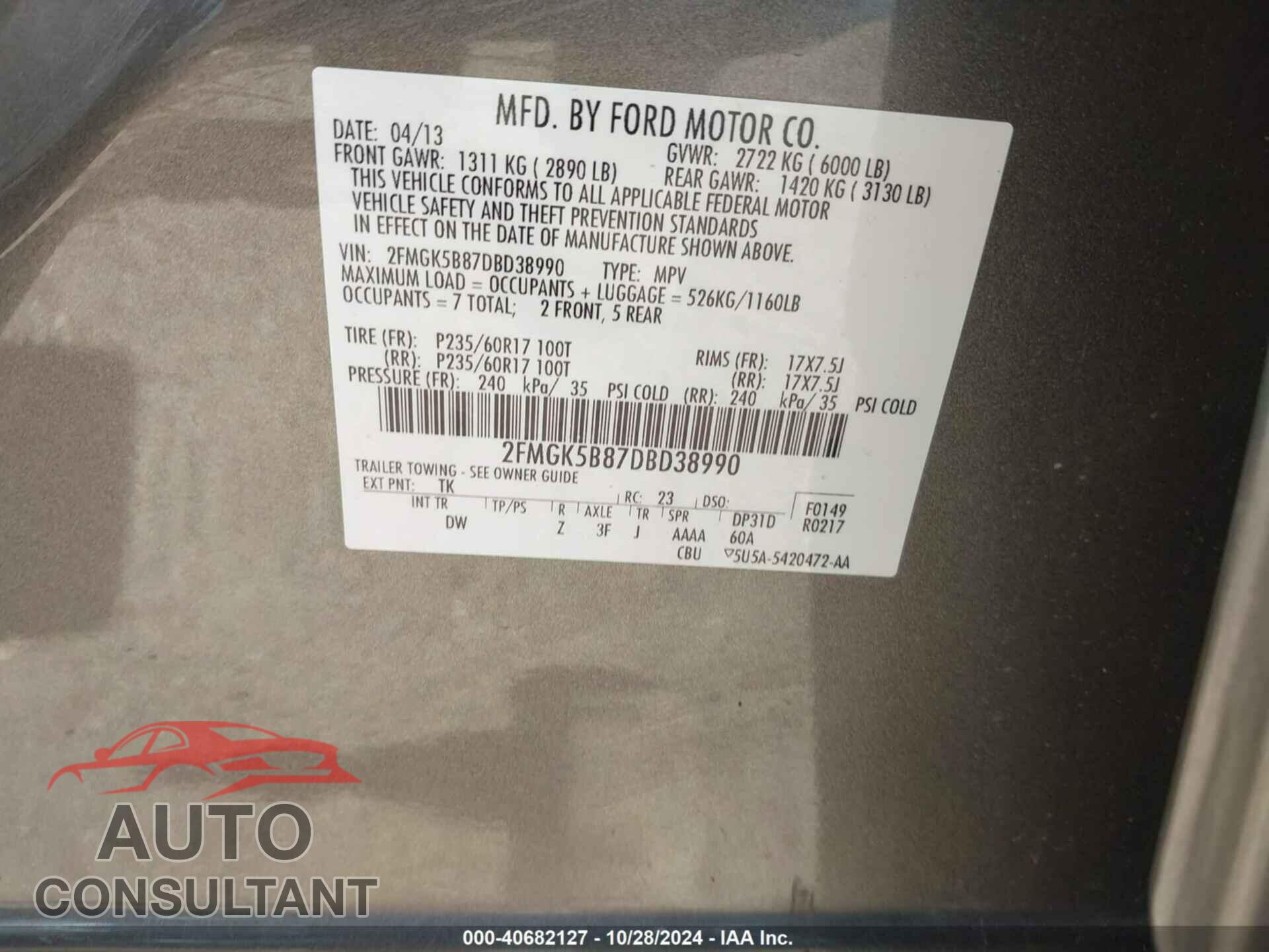 FORD FLEX 2013 - 2FMGK5B87DBD38990
