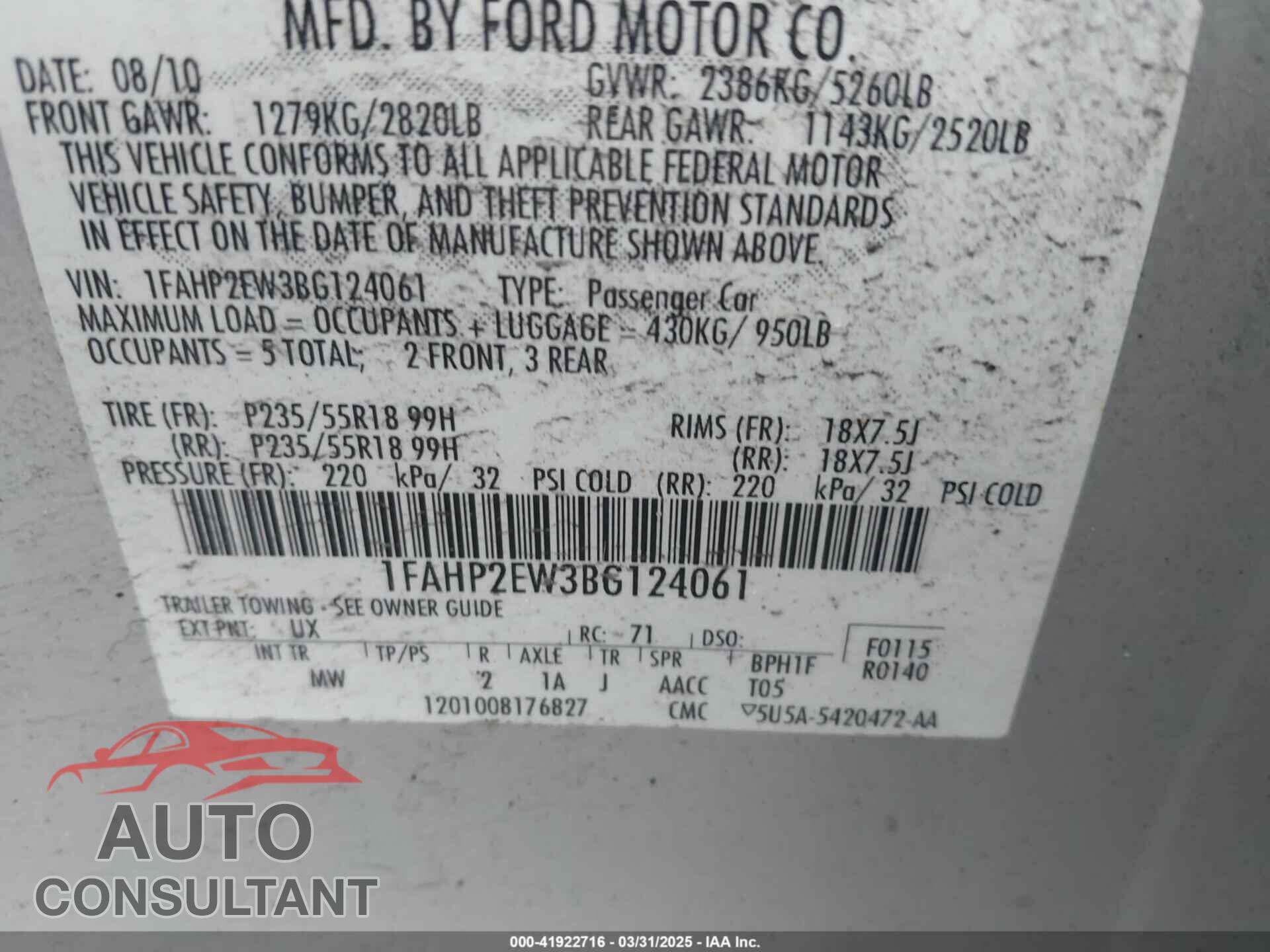 FORD TAURUS 2011 - 1FAHP2EW3BG124061