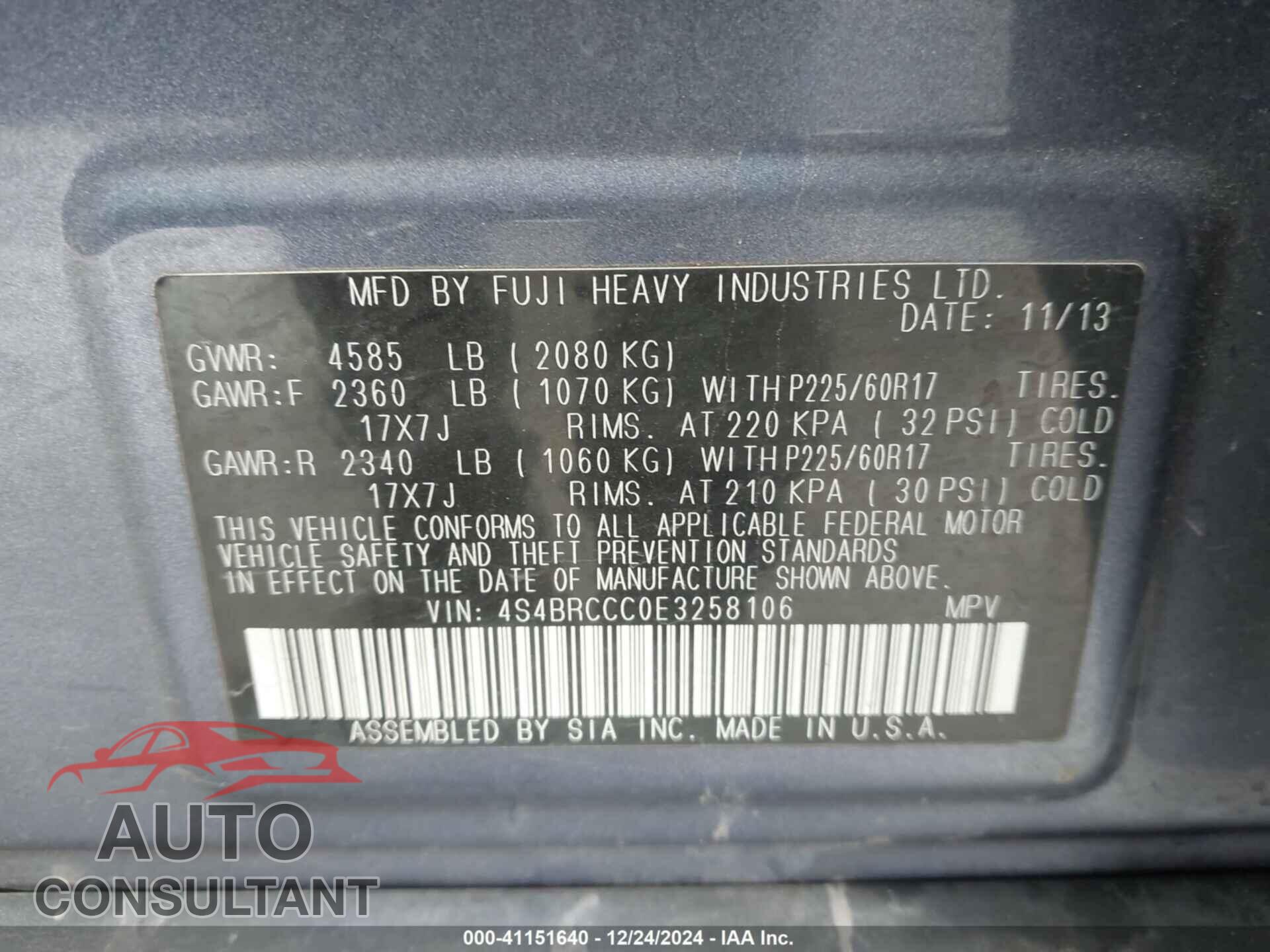 SUBARU OUTBACK 2014 - 4S4BRCCC0E3258106
