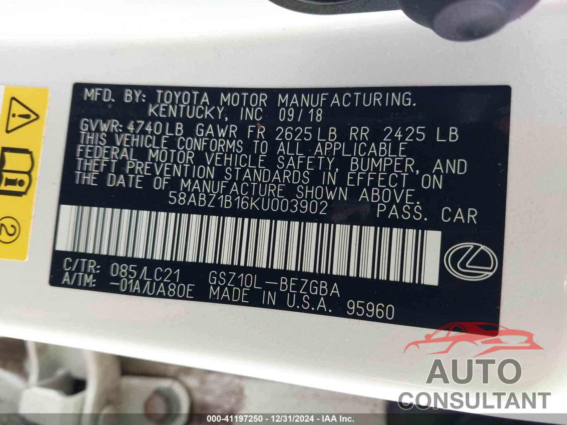 LEXUS ES 350 2019 - 58ABZ1B16KU003902