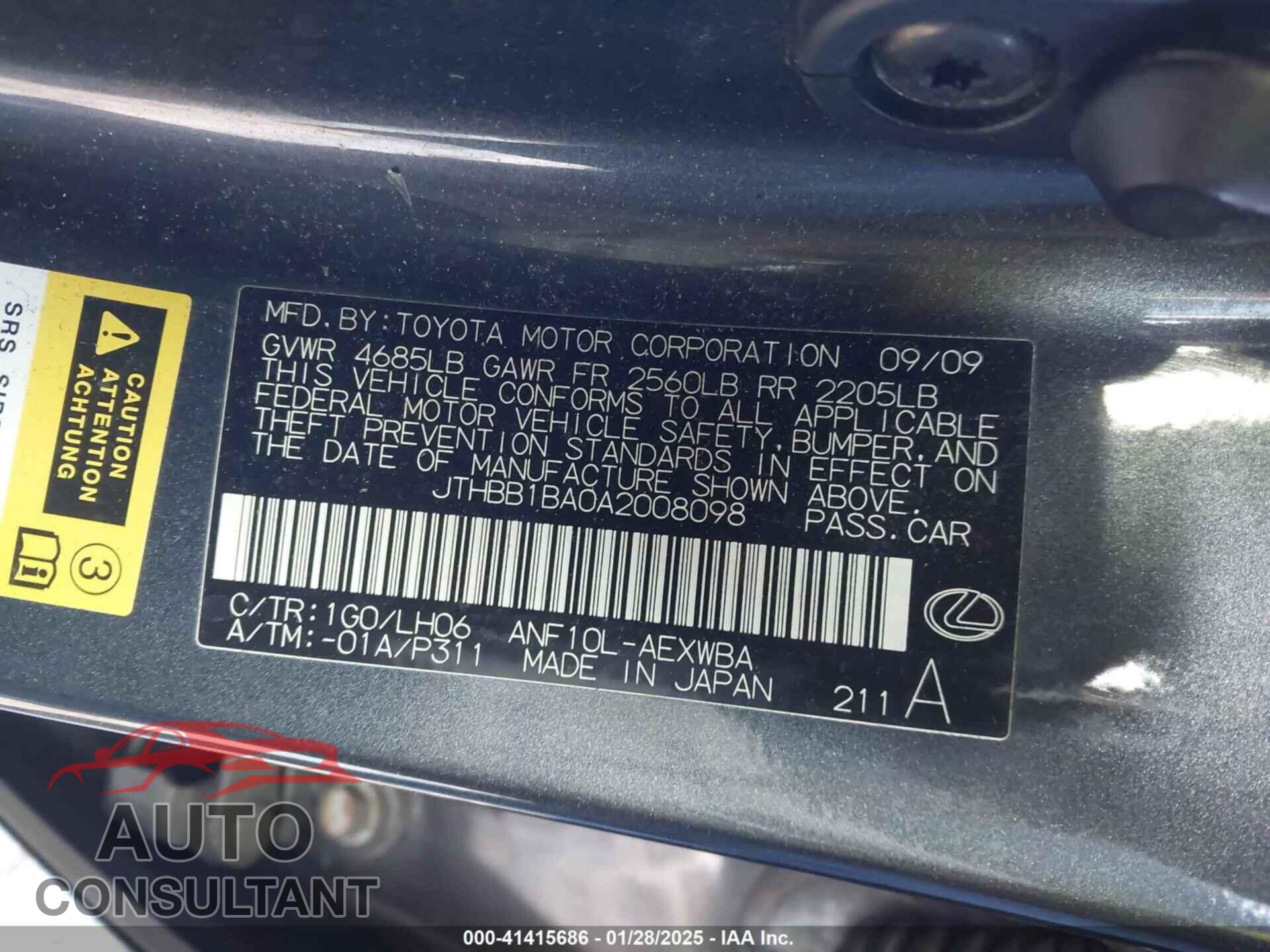 LEXUS HS 250H 2010 - JTHBB1BA0A2008098
