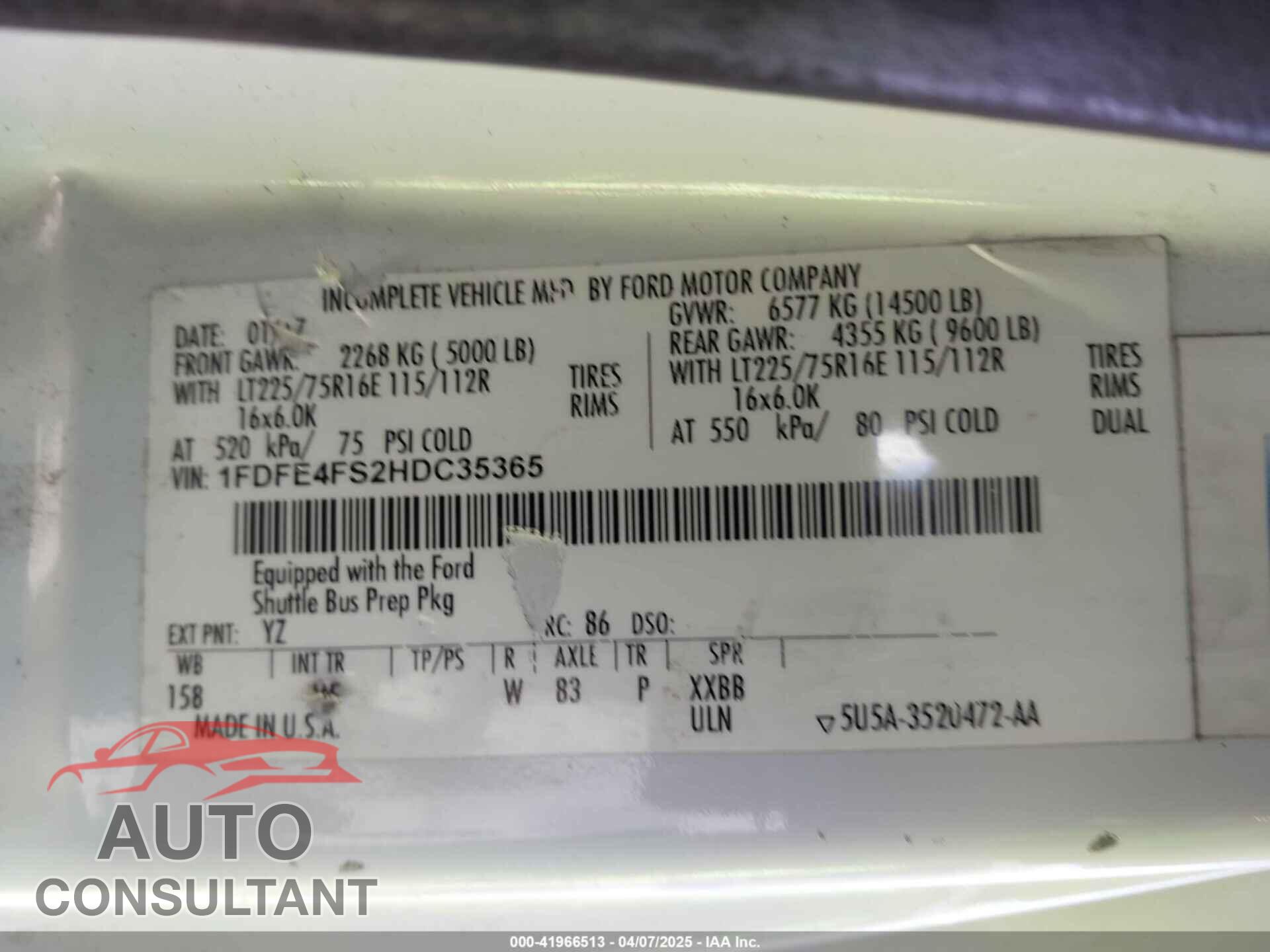 FORD E-450 CUTAWAY 2017 - 1FDFE4FS2HDC35365