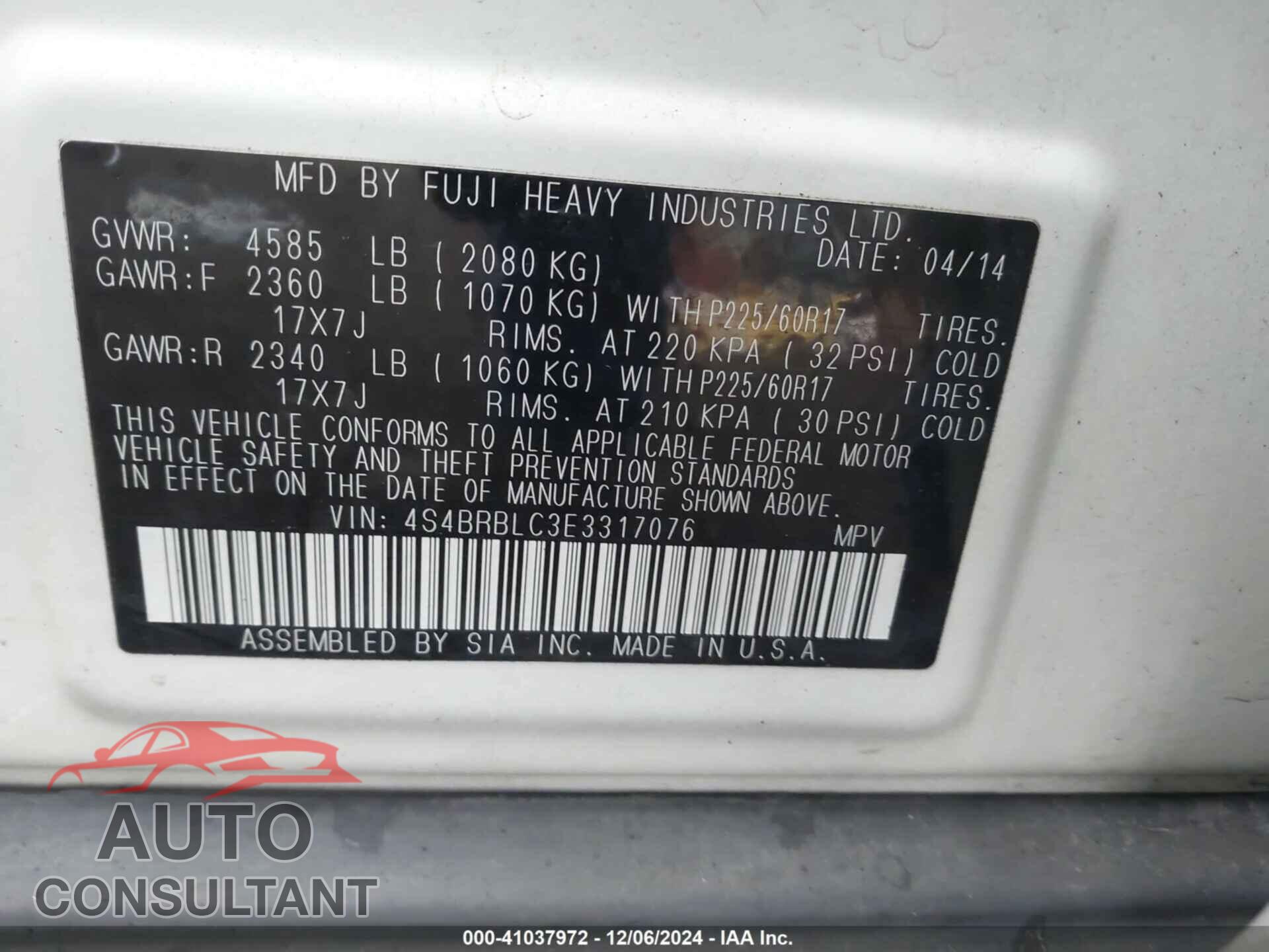 SUBARU OUTBACK 2014 - 4S4BRBLC3E3317076