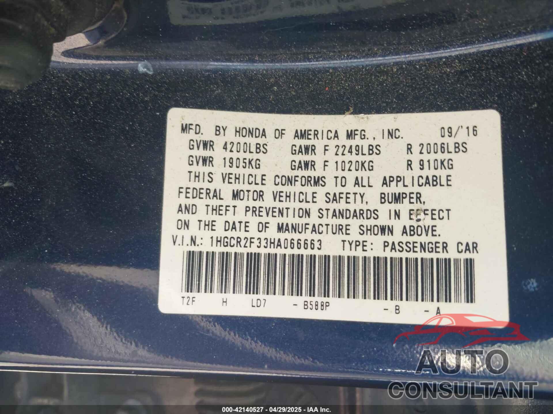 HONDA ACCORD 2017 - 1HGCR2F33HA066663