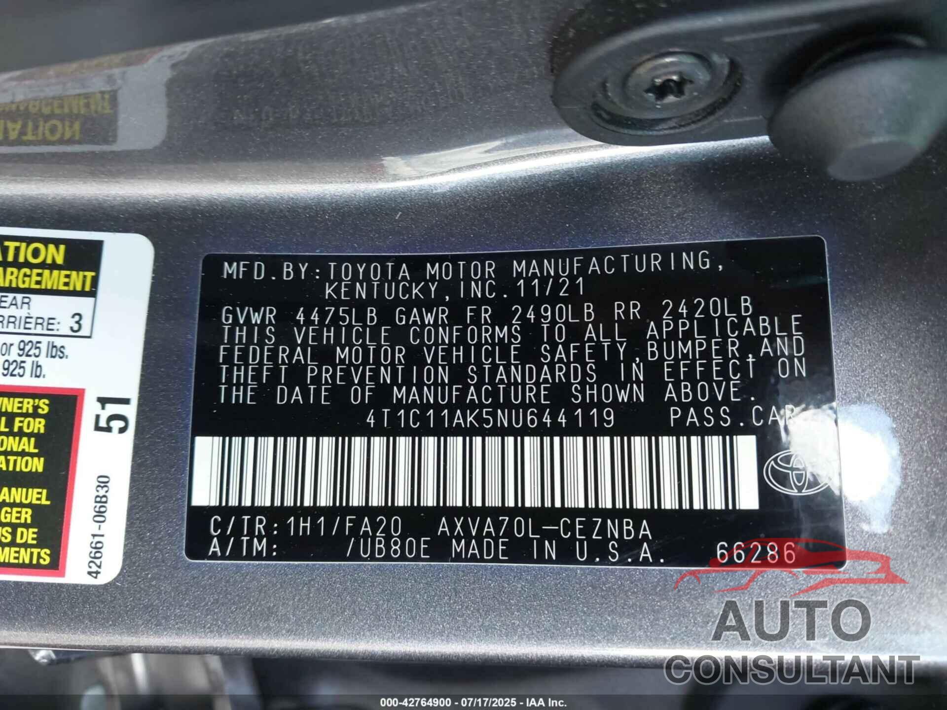 TOYOTA CAMRY 2022 - 4T1C11AK5NU644119