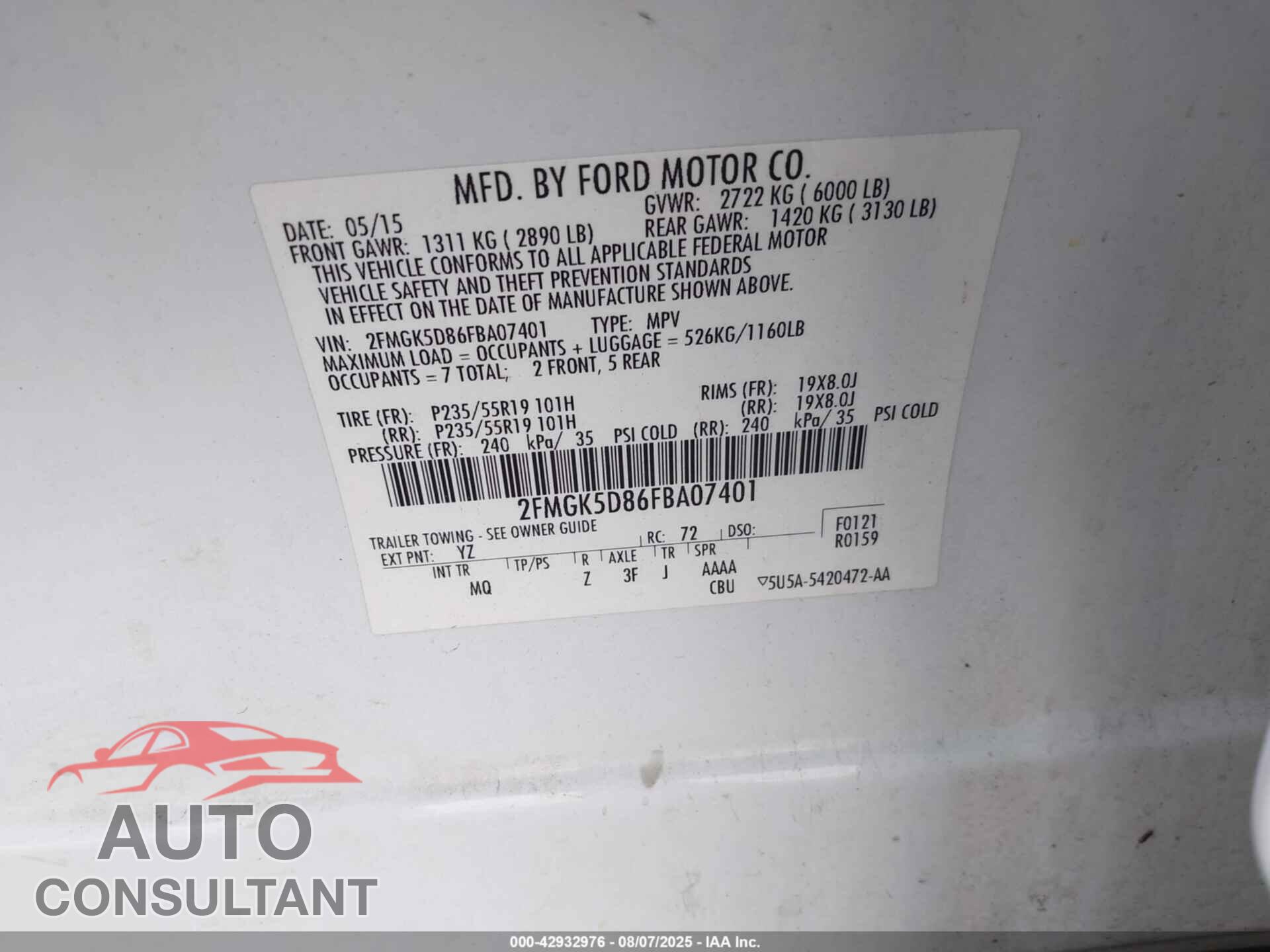 FORD FLEX 2015 - 2FMGK5D86FBA07401