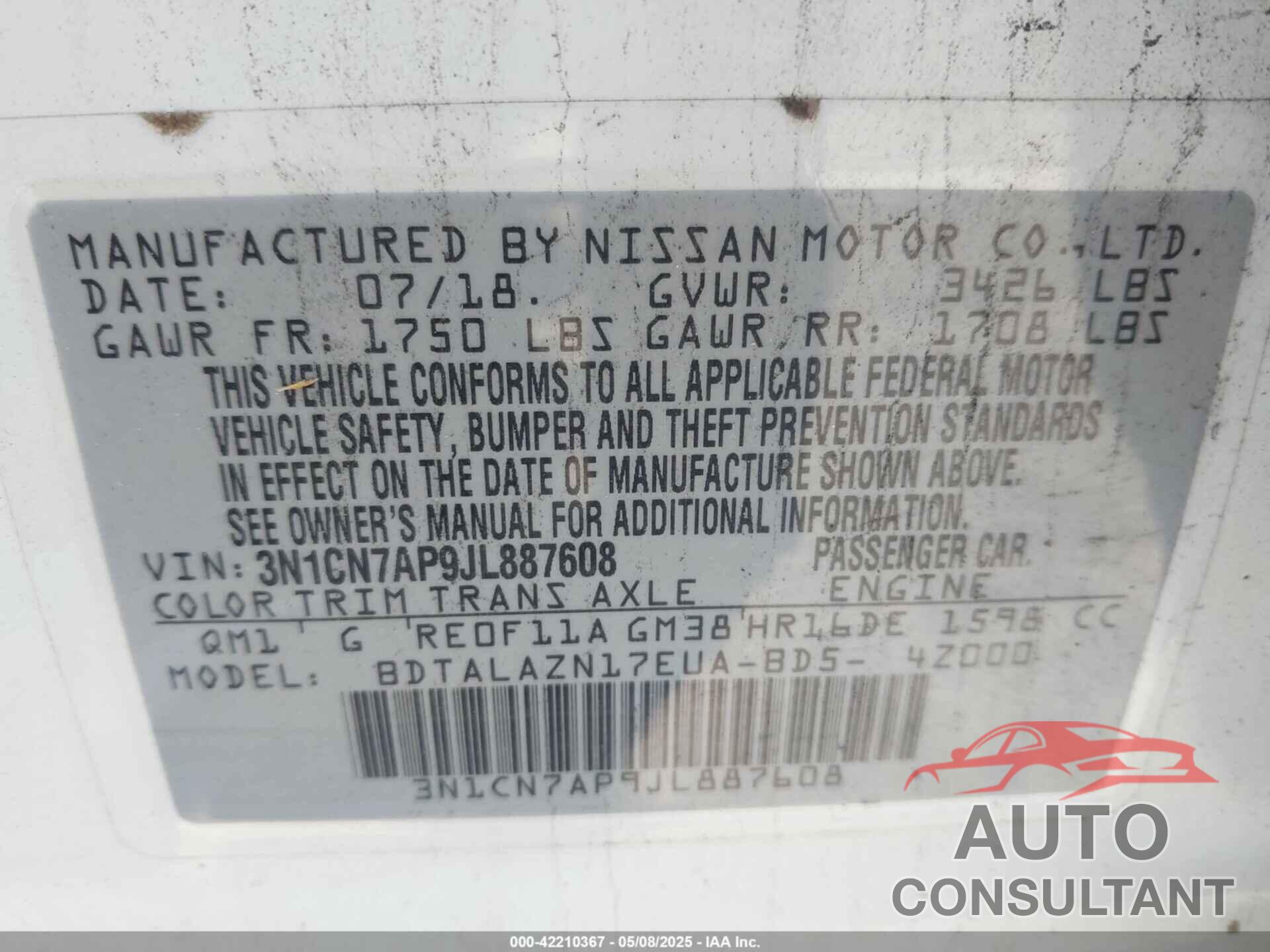 NISSAN VERSA 2018 - 3N1CN7AP9JL887608