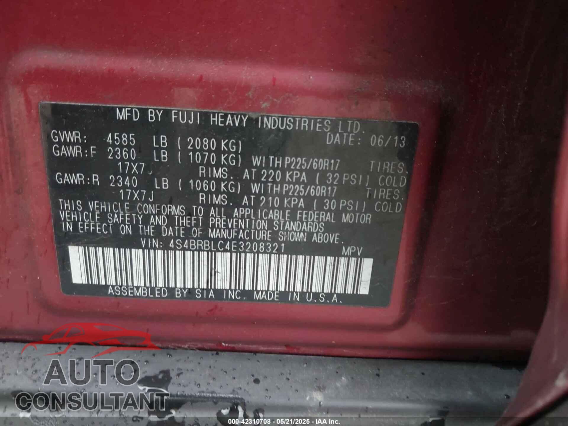 SUBARU OUTBACK 2014 - 4S4BRBLC4E3208321