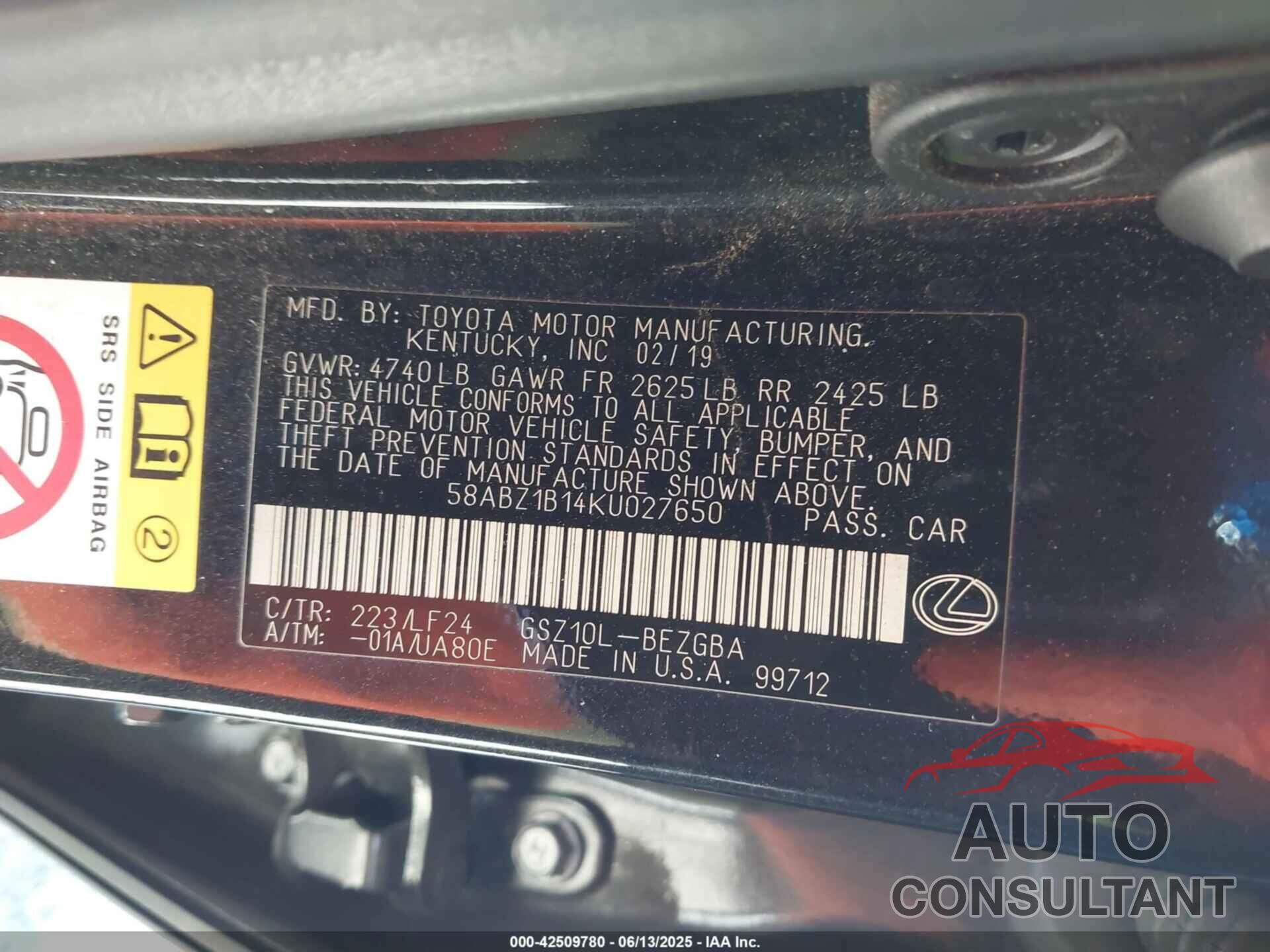 LEXUS ES 350 2019 - 58ABZ1B14KU027650