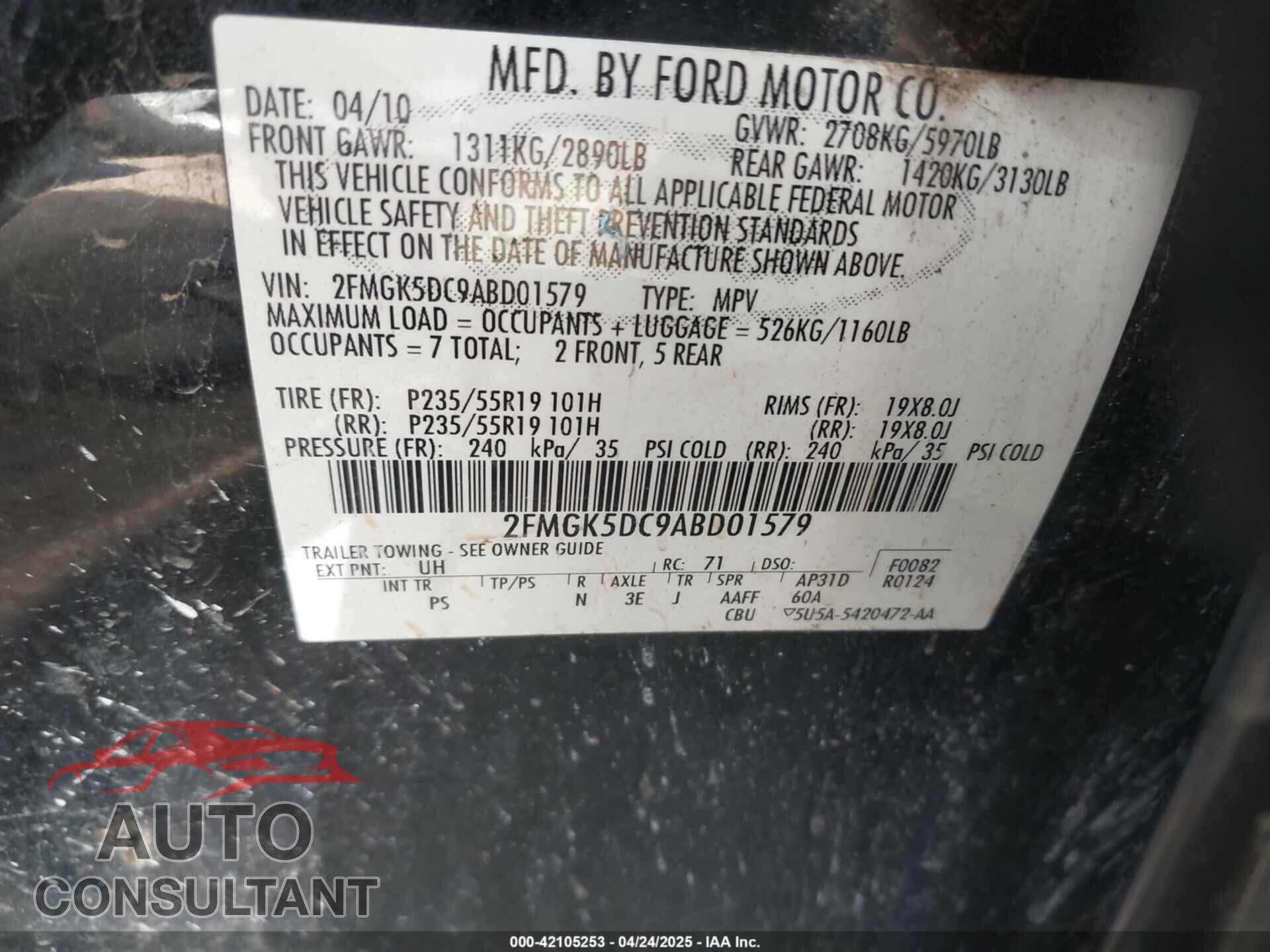 FORD FLEX 2010 - 2FMGK5DC9ABD01579