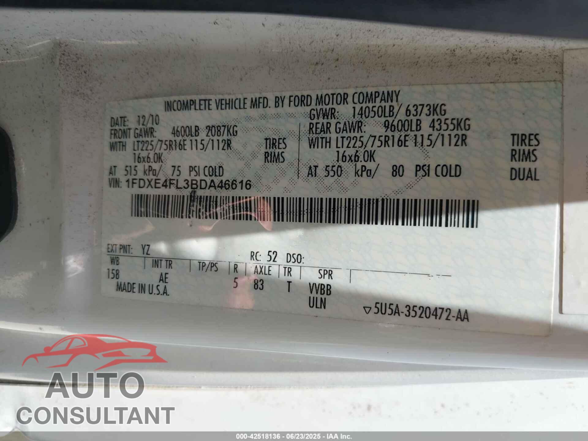 FORD E-450 CUTAWAY 2011 - 1FDXE4FL3BDA46616