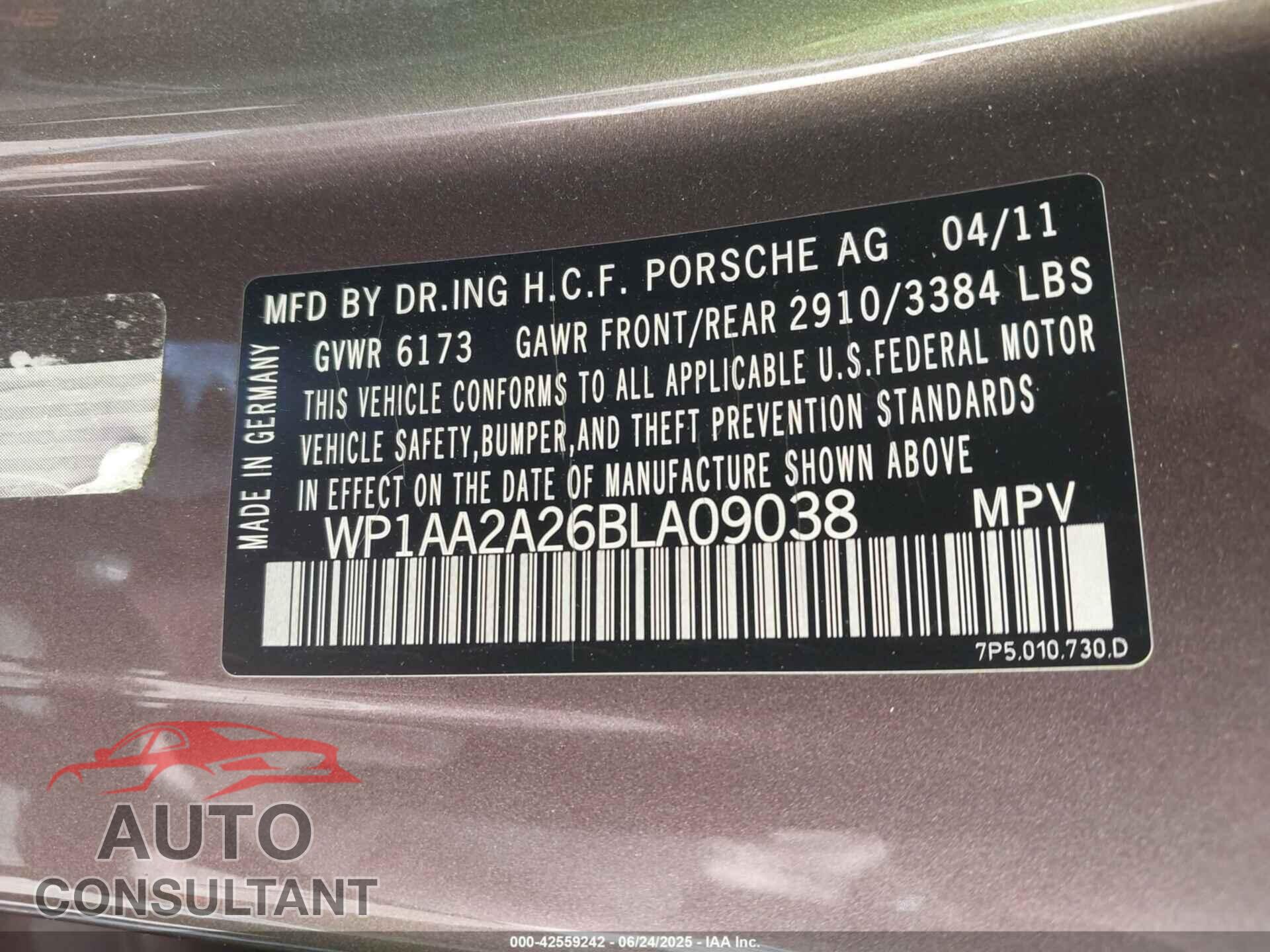 PORSCHE CAYENNE 2011 - WP1AA2A26BLA09038