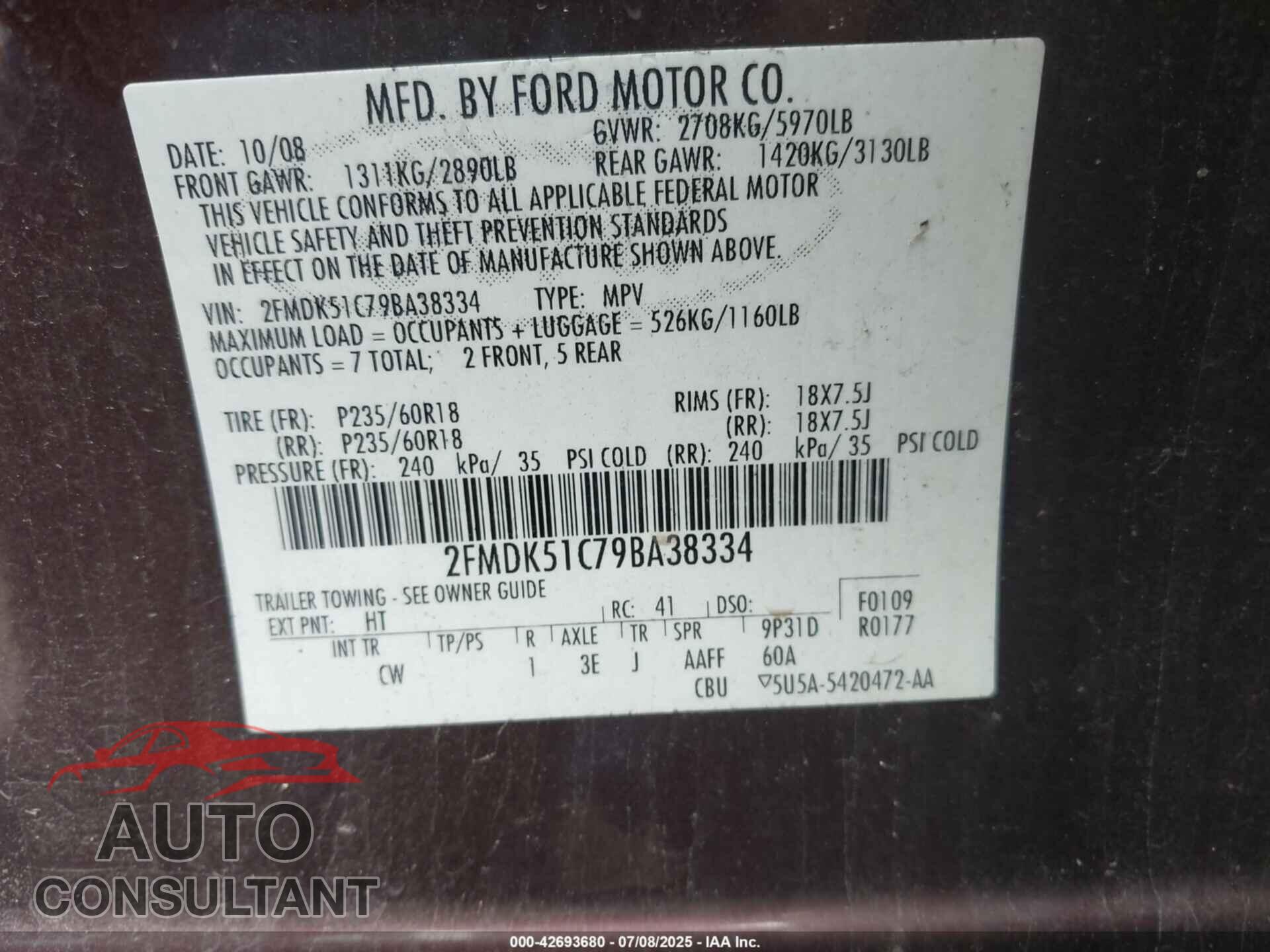 FORD FLEX 2009 - 2FMDK51C79BA38334
