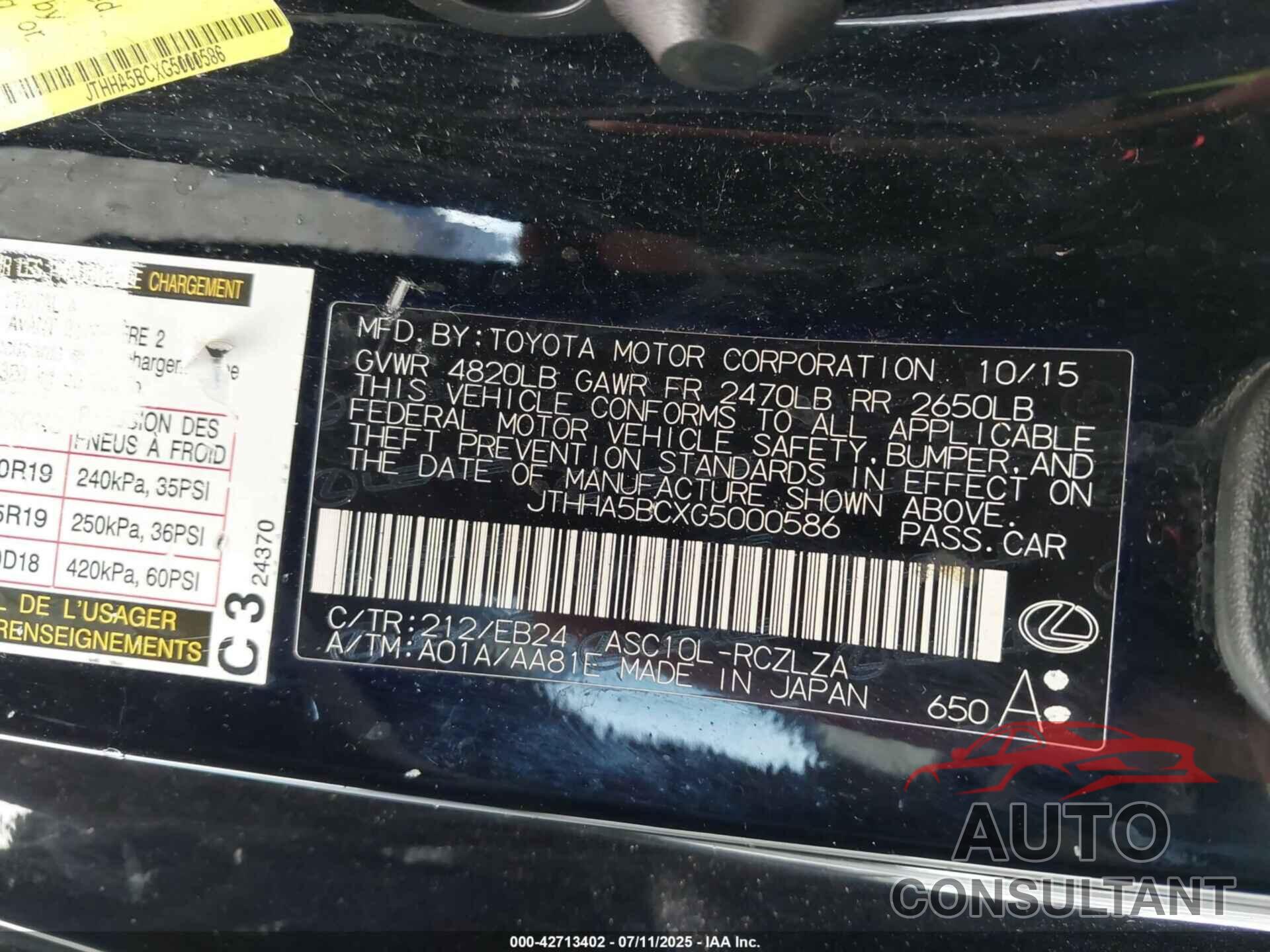 LEXUS RC 200T 2016 - JTHHA5BCXG5000586