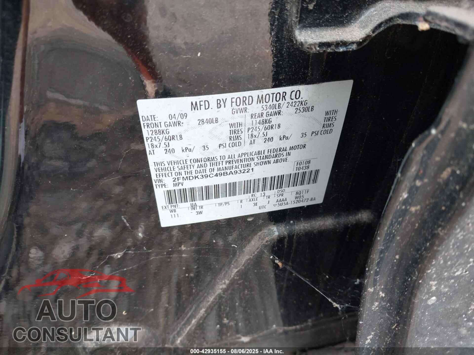 FORD EDGE 2009 - 2FMDK39C49BA93221
