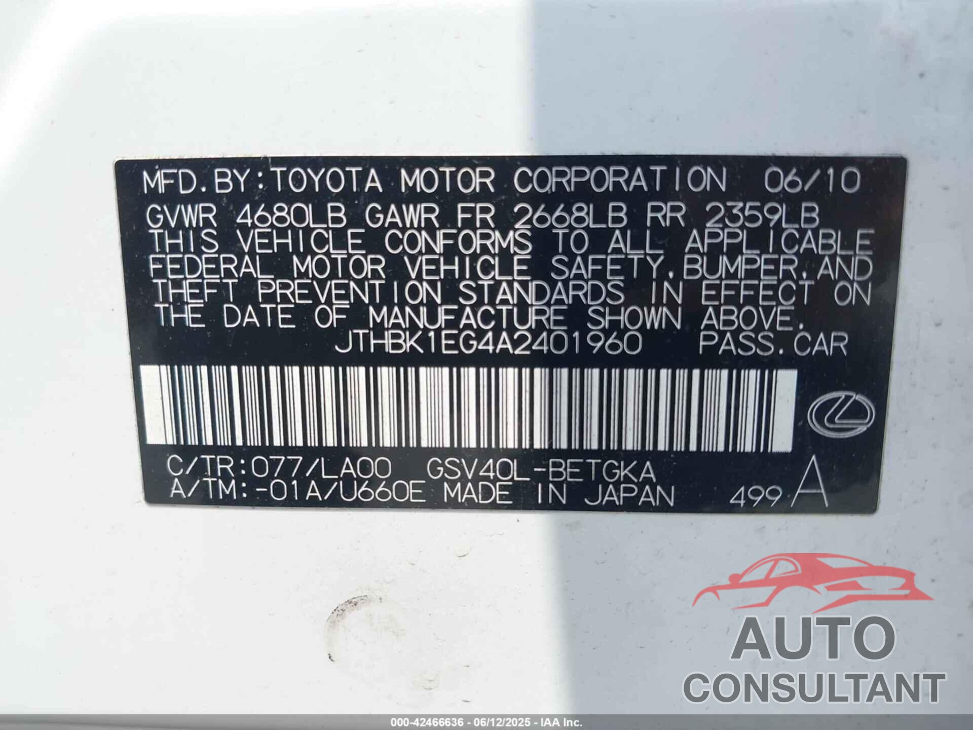 LEXUS ES 350 2010 - JTHBK1EG4A2401960